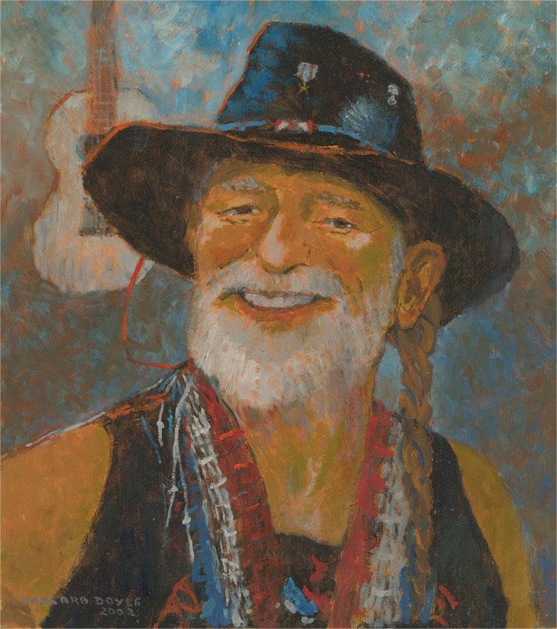 A characterful celebrity portrait of American singer, Willie Nelson. The painting is signed and dated in the lower left corner. There is a label at the reverse with the artist's name, address and title of the painting. On board.
