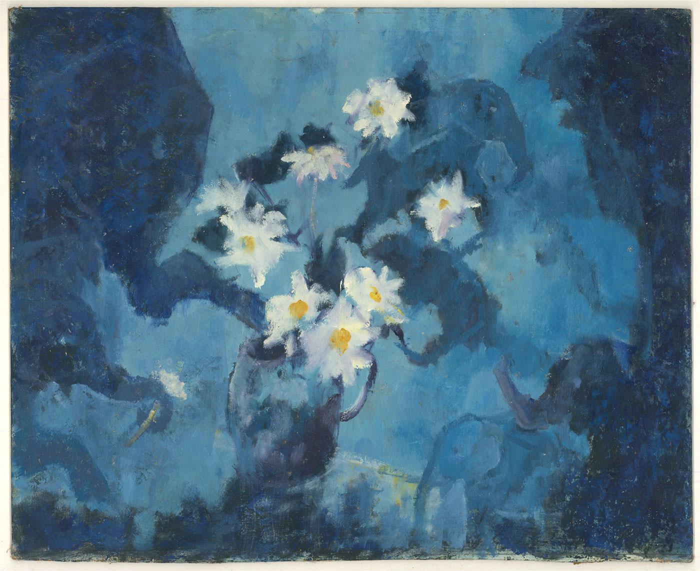 An unusual mix of floral still life and surrealist imagery in oil. A vase of daisies are surrounded by floating silhouettes of blue elephants who are plucking the daisies out of the vase.

The painting is unsigned and presented on board.

On board.