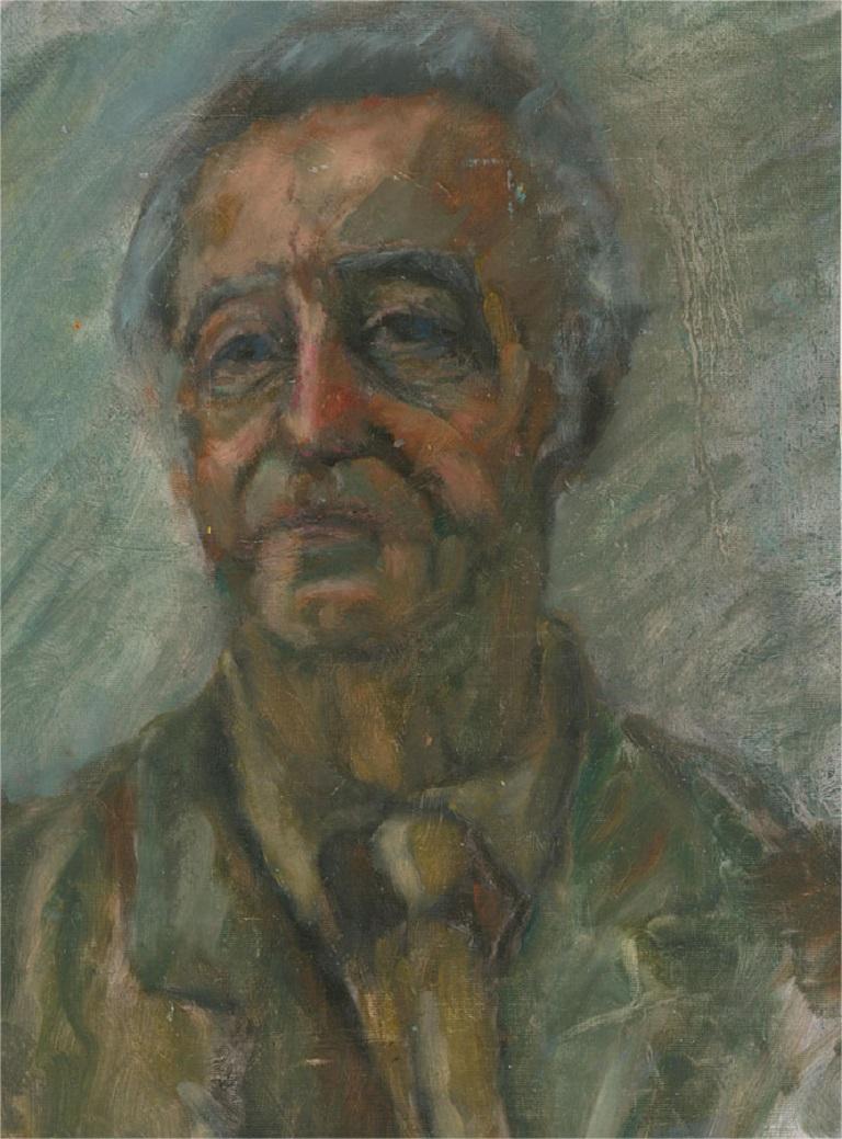 A fine, characterful portrait of a disgruntled old man in a jacket and tie. The painting is unsigned on board. On board.
