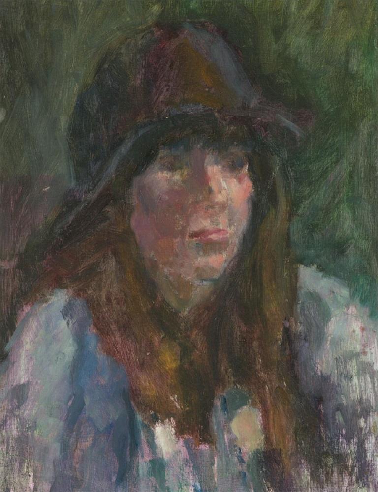 A fine double sided portrait in oil on board. Both sides feature a dark haired young woman on green backgrounds. Both have been executed with a loose, gestural hand. Both paintings are unsigned. On board.
