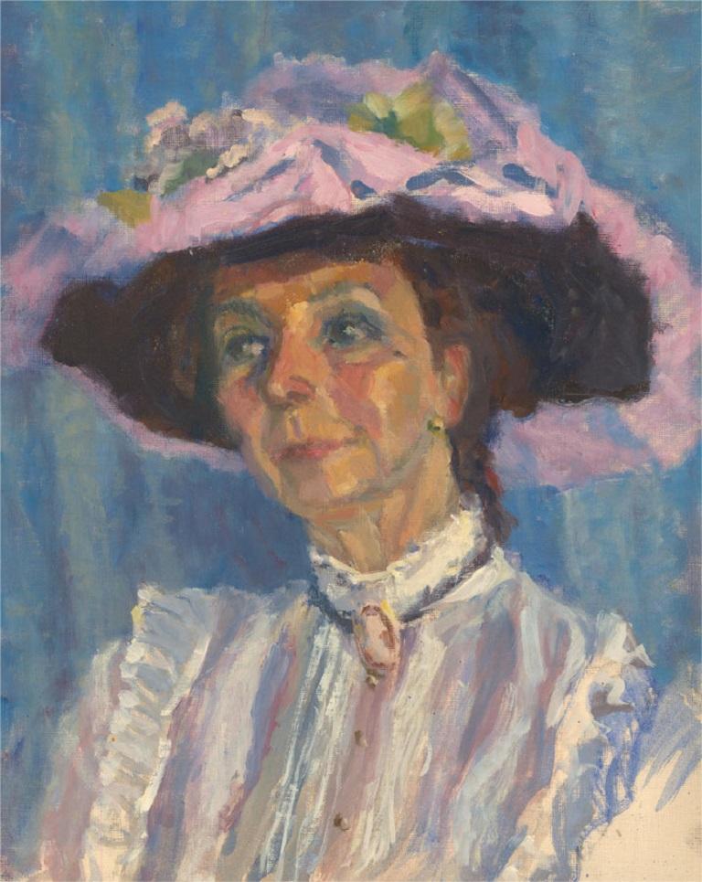 A vibrant and characterful portrait of an elegant and finely dressed Edwardian woman in a high neck blouse and a wide brimmed Summer hat. The painting is unsigned and on board. On board.
