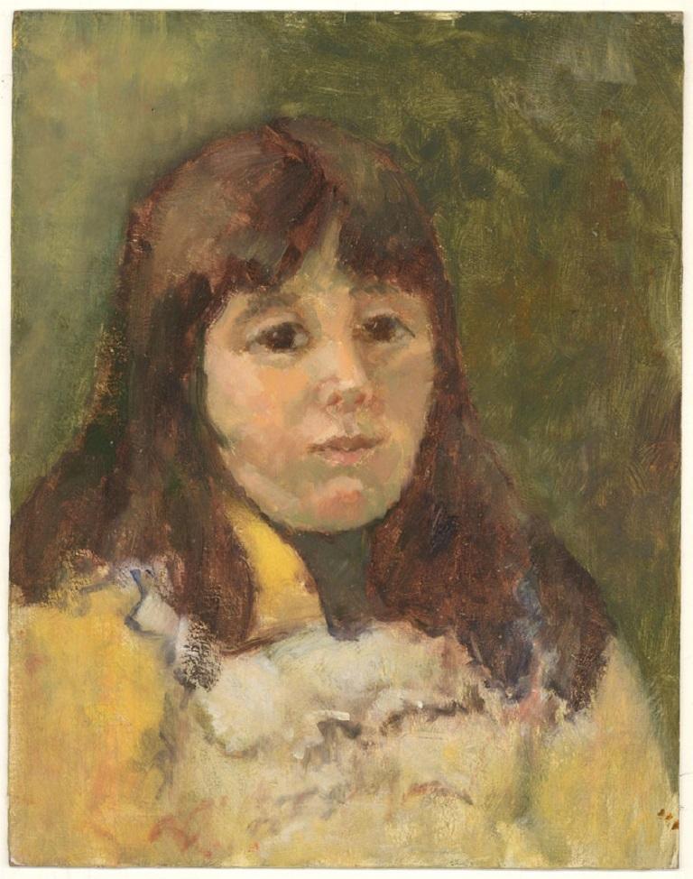 A serene portrait showing a young girl with dark hair and a softened gaze, wearing a yellow coat.

There is a label at the reverse with the artist's name and address, this has been partially torn.

On board.