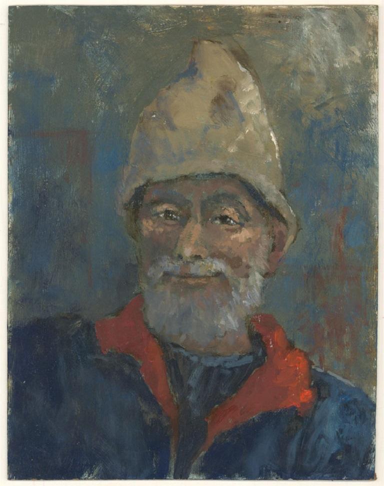 A fine portrait of a jovial man in a pointed white hat with a jovial smile. The painting is unsigned and presented on board. On board.
