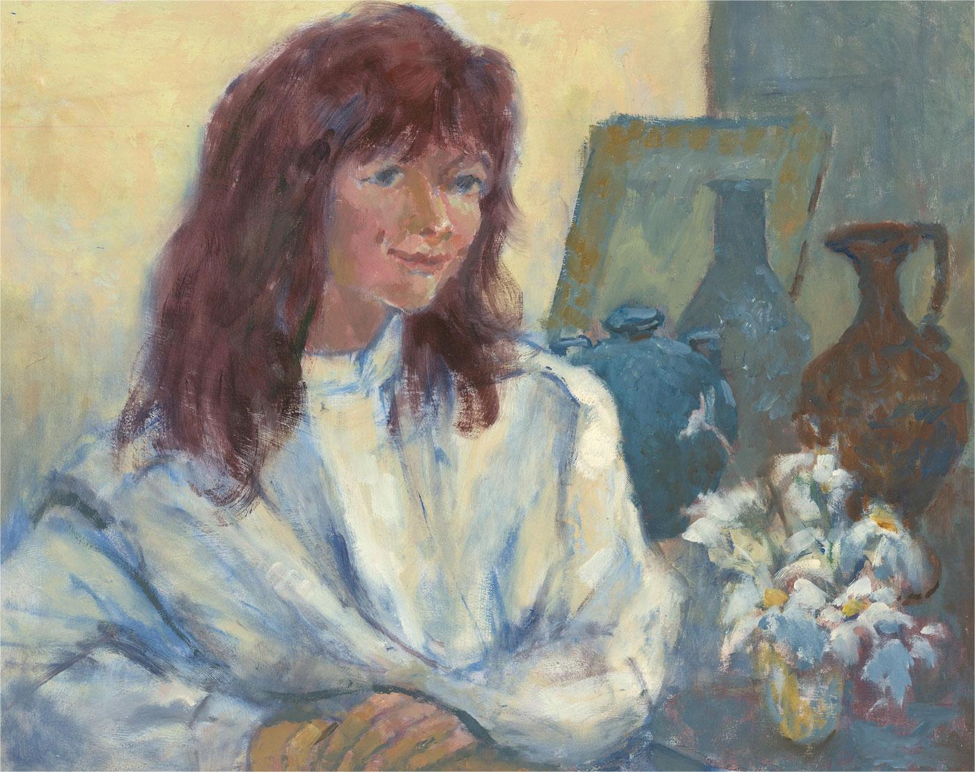 Barbara Doyle (b.1917) - Contemporary Oil, Lady With Daisies For Sale 2