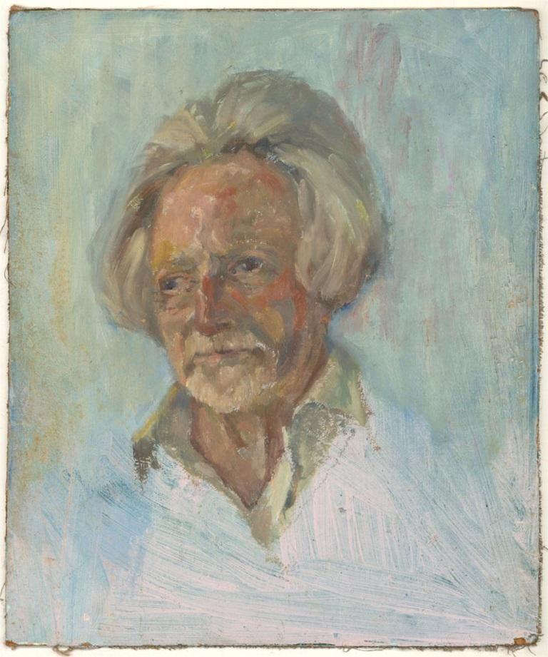 A fine oil head study of a characterful man with quaffed hair and a white beard. The painting is unsigned, on board. There is a less worked study of the same man on the reverse of the board. On board.
