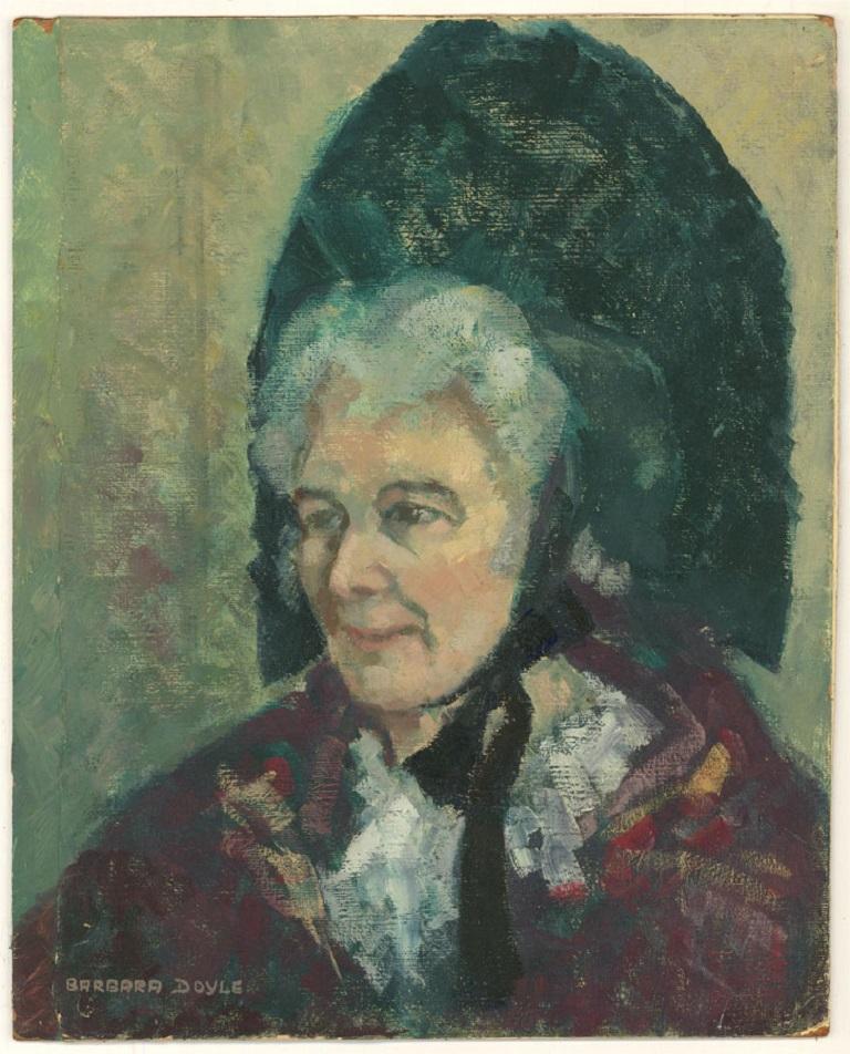 A characterful contemporary oil portrait showing a woman in traditional Swiss attire including a fanned black headdress. The artist has signed to the lower left corner and there is a gallery label at the reverse with artist's name, address and title