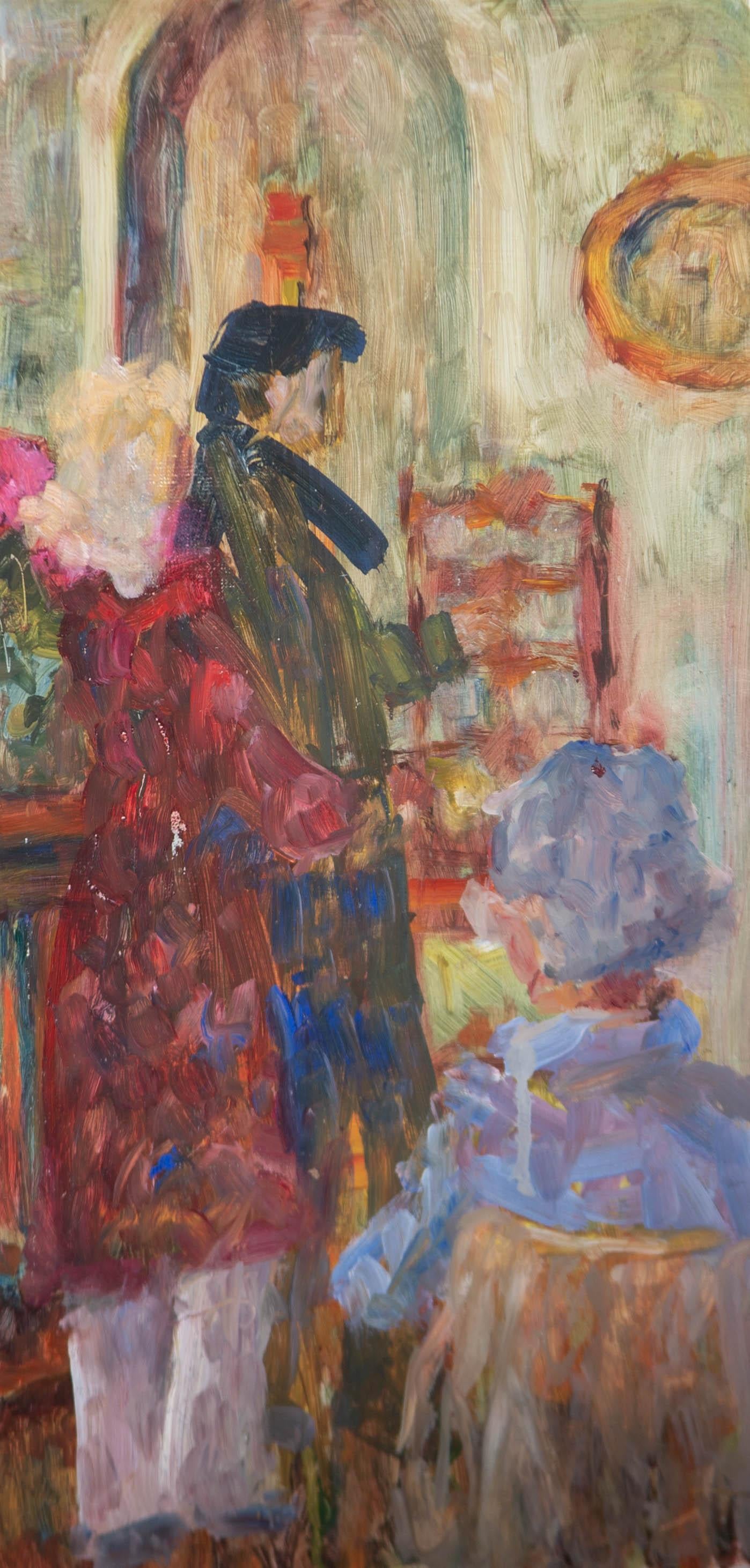 A dynamic and vibrant impressionistic interior scene full of narrative and movement, showing a couple donning their scarves and coats as they head towards the door after a visit with an elderly woman who sits with her back to the viewer.

The