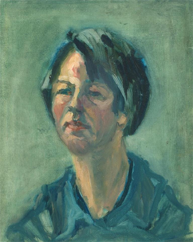A fine oil portrait of a woman with cropped hair. The modernist style and stylized palette lend much character and charm to this painting. The painting is unsigned on board.

On board.