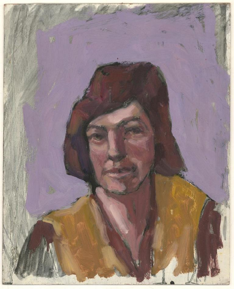 A very fine oil portrait study of a woman in a yellow vest jacket with cropped brown hair. The artist has used a matte pastel palette for the portrait which is left rough and unfinished, which adds much charm and interest to the piece. The painting