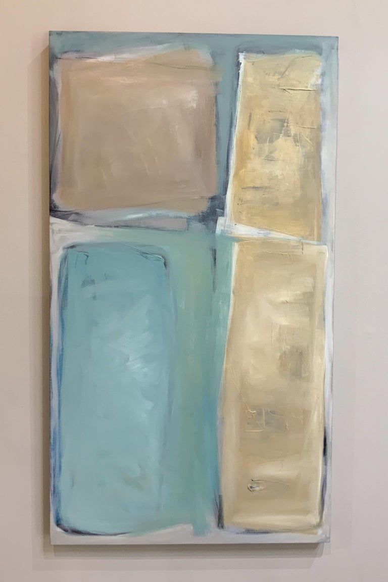 In Pursuit of Quiet 3- Pastel Blue & Yellow Abstract Oil Painting on Canvas - Gray Abstract Painting by Barbara Ellis 