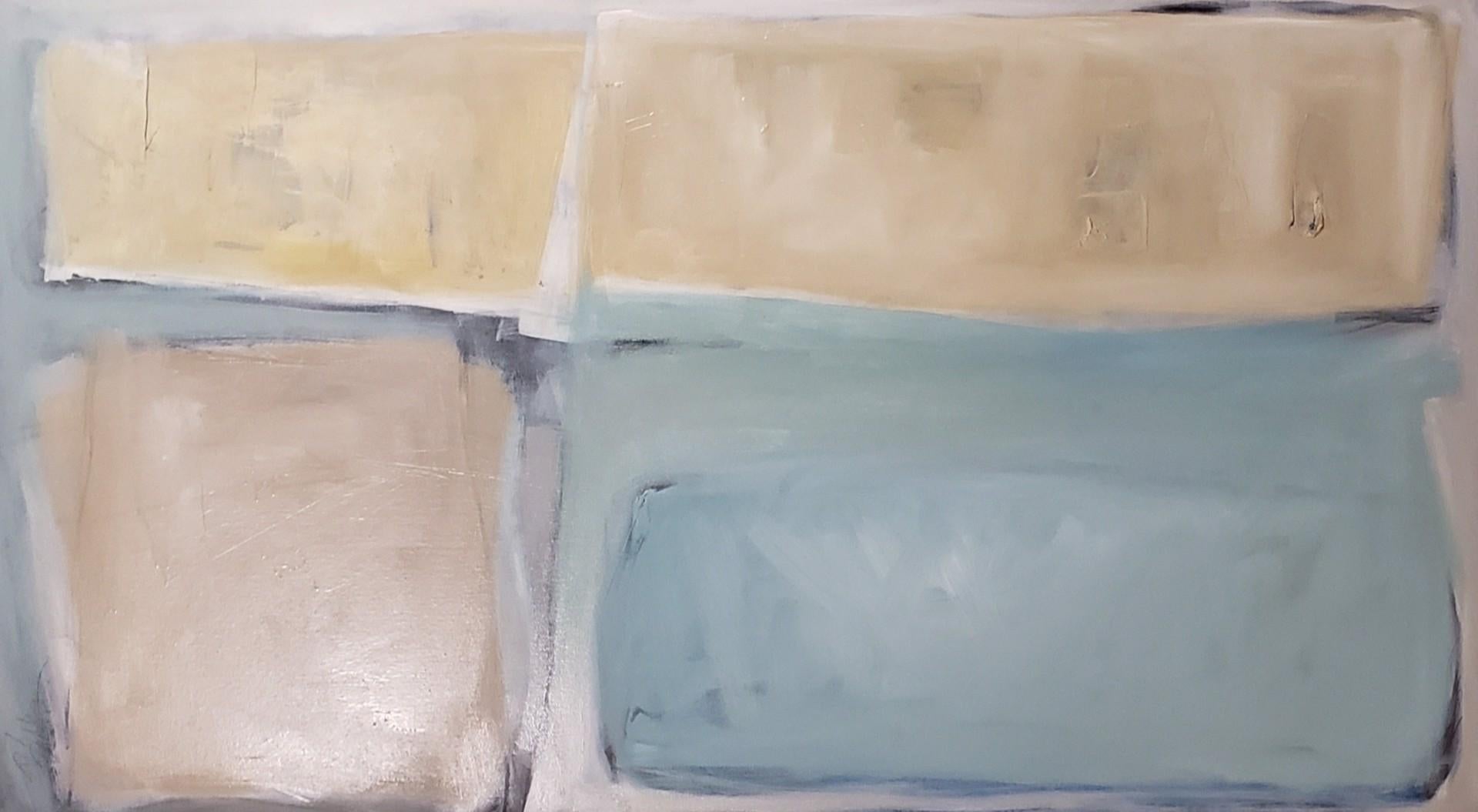 In Pursuit of Quiet 3- Pastel Blue & Yellow Abstract Oil Painting on Canvas - Gray Abstract Painting by Barbara Ellis 