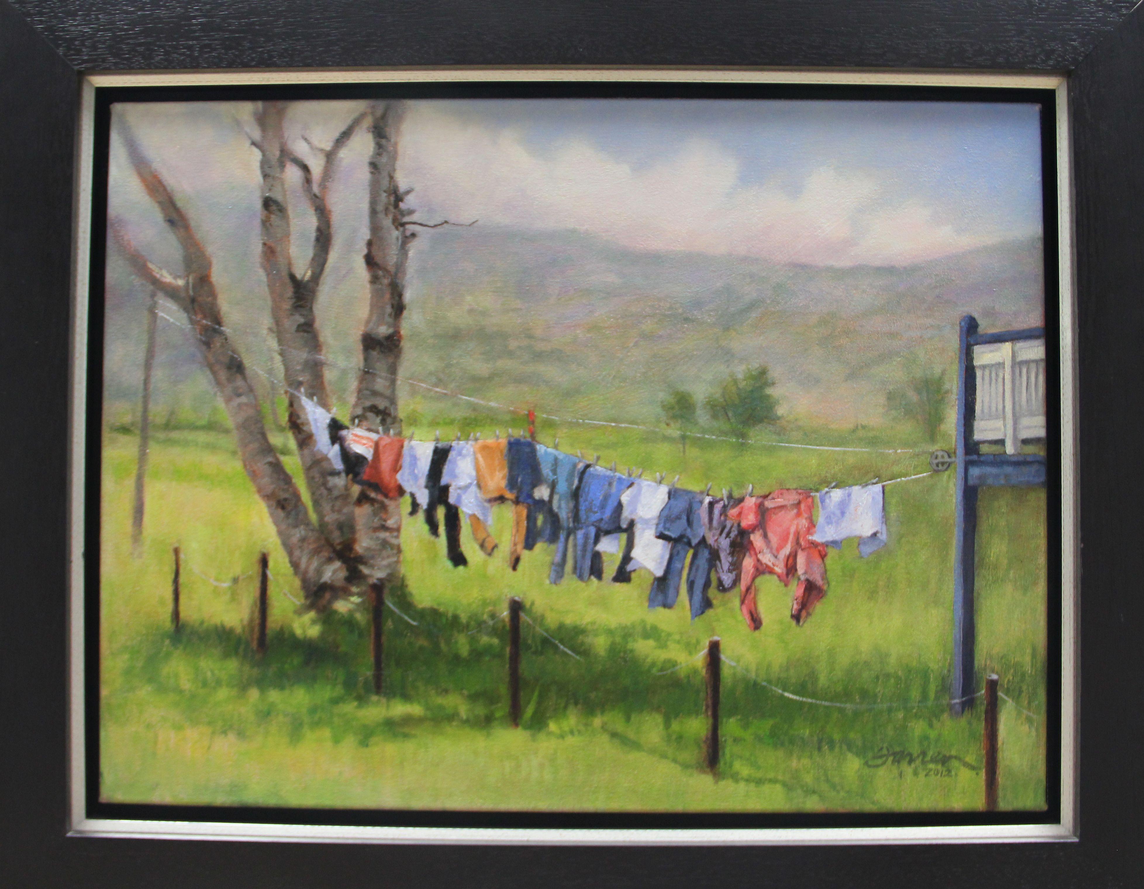 Birch Tree Laundry, Painting, Oil on Canvas For Sale 1