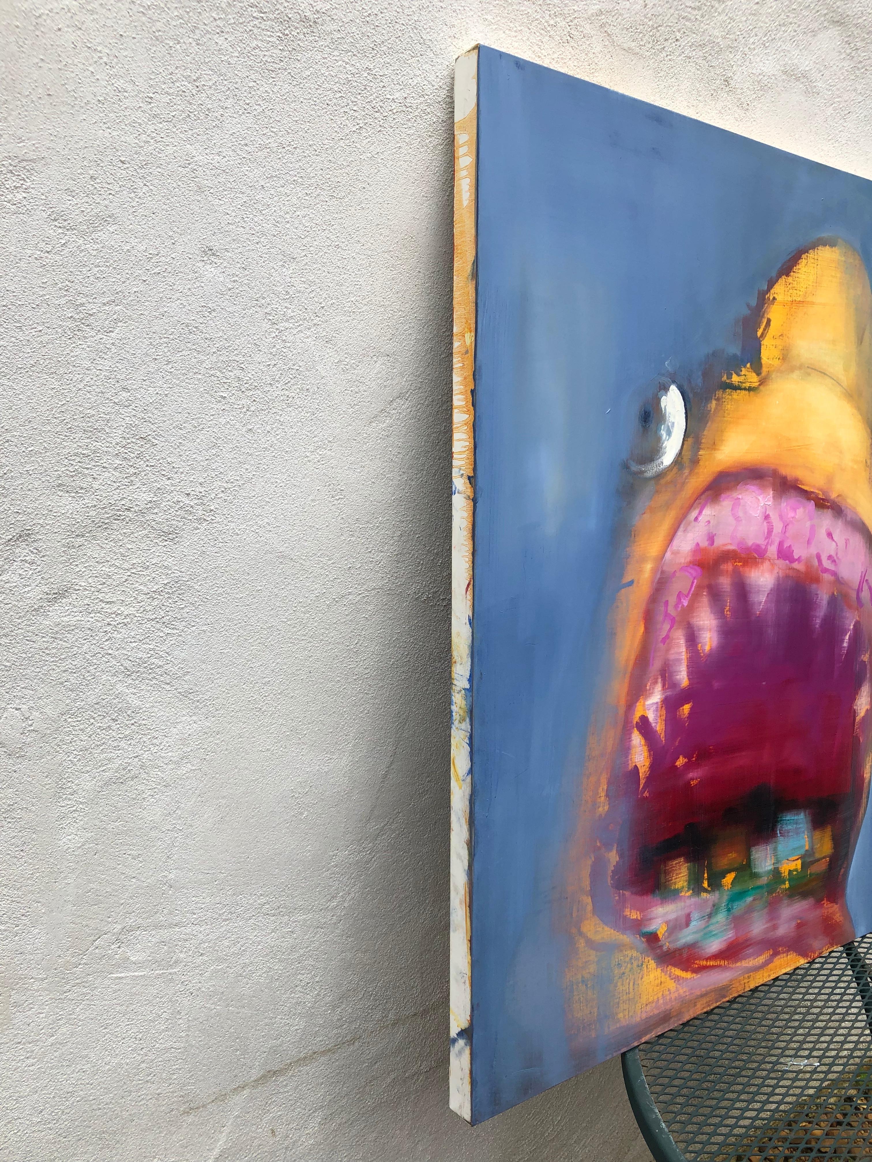 This fun oil painting of a shark would make a great statement in a beach house, a pool house, an entryway or a child's bedroom. The scene depicts a row of houses, part of a village, inside the shark's mouth. A child, perhaps, is looking out the
