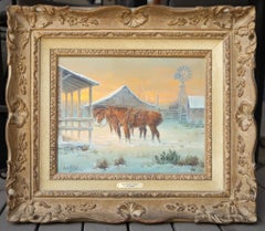 "Cold Saddle Sunset" Snowy Western Scene with Horses Barn Windmill Country Farm