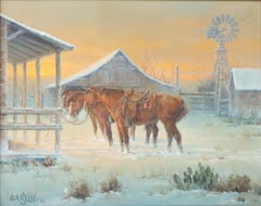 "Cold Saddle Sunset" Scène western enneigée avec chevaux, grange, moulin à vent, ferme de campagne