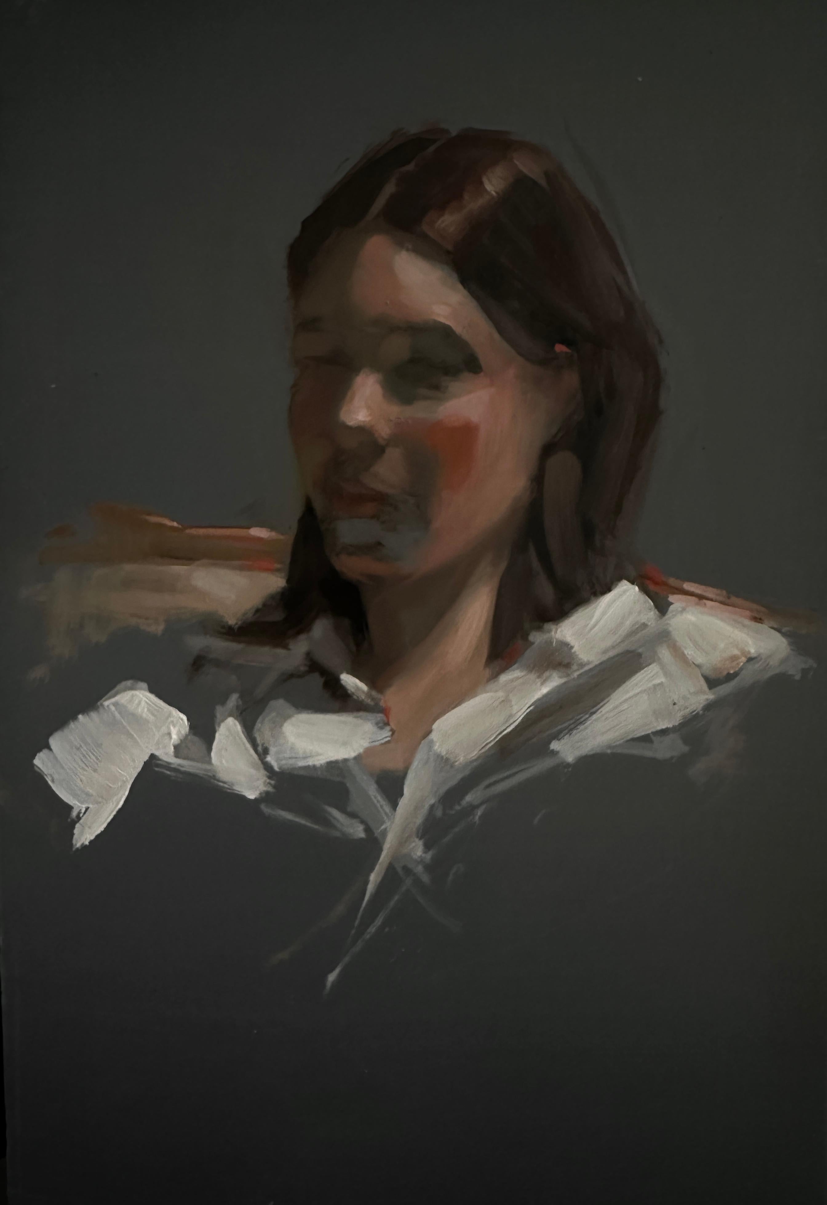 "White Shirt" by Barbara Hack is an original portrait painting depicting a female model. This piece is framed and ready to hang. 

Barbara Hack’s work is an ongoing reflection on people and their emotions. Working predominantly in painting