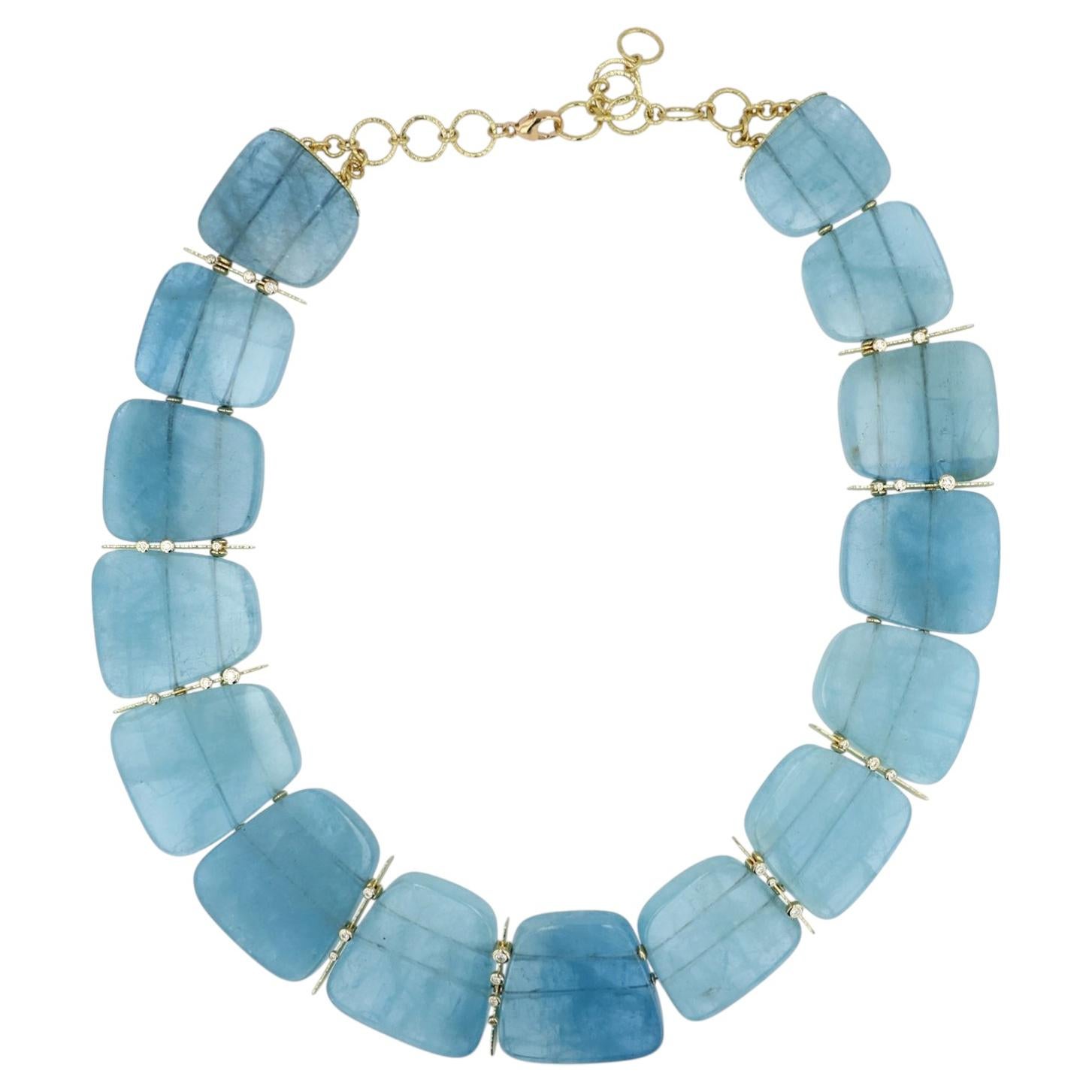 Collier ras du cou en or jaune 18 carats avec aigue-marine et diamants, signé Barbara Heinrich