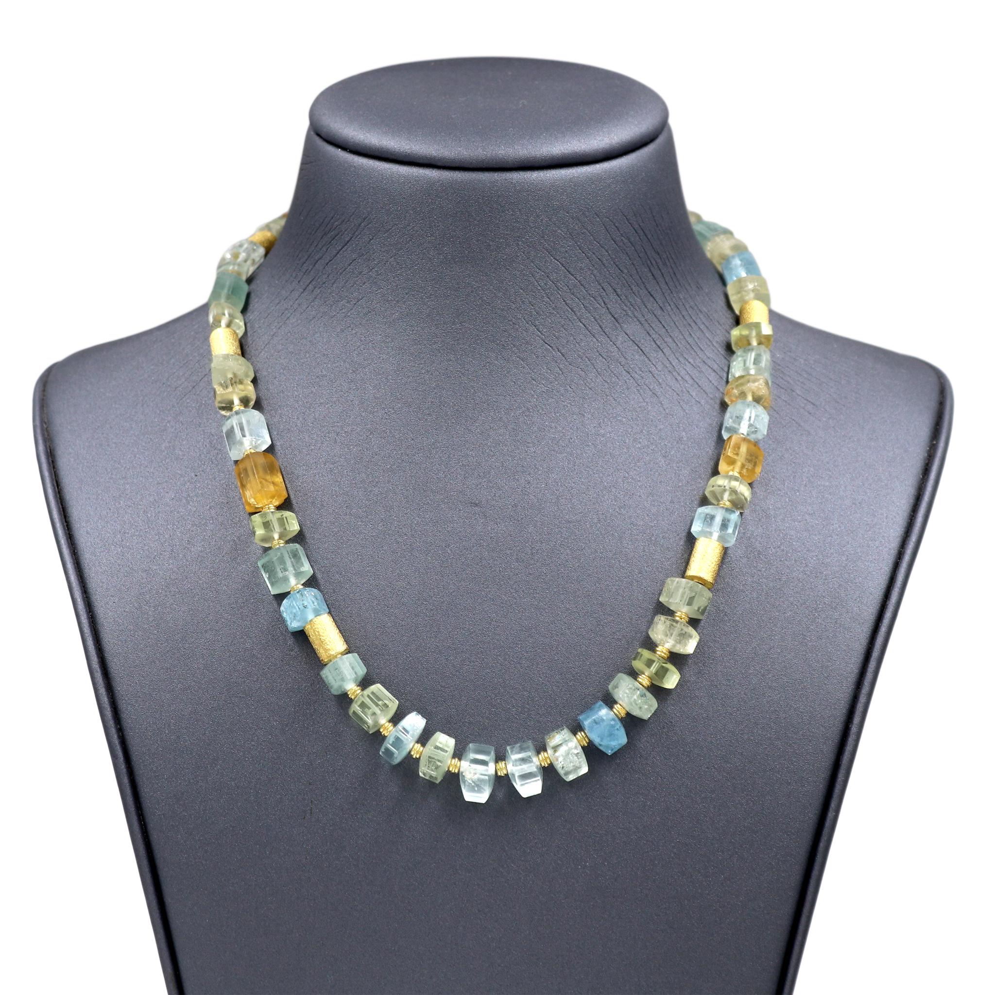 Aquamarine Beryl Crystals Necklace hand-fabricated by award-winning jewelry maker Barbara Heinrich in matte-finished 18k yellow gold featuring a stunning assortment of beryl crystals individually set between high karat yellow gold bead and tube