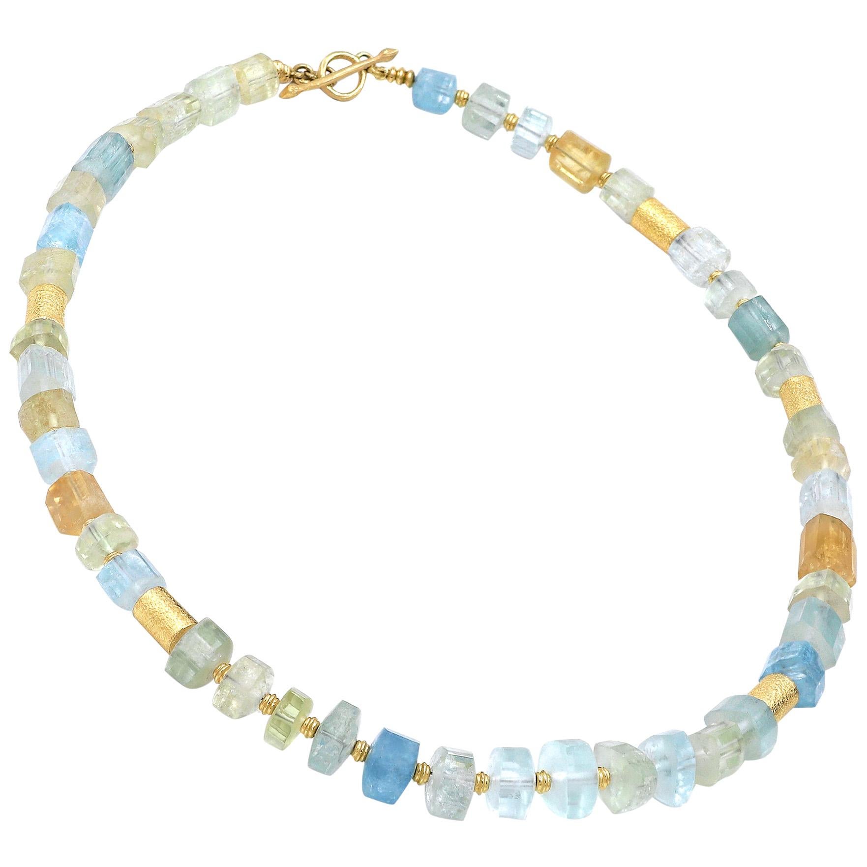 Barbara Heinrich Aquamarine Beryl Crystals Gold Tube Necklace