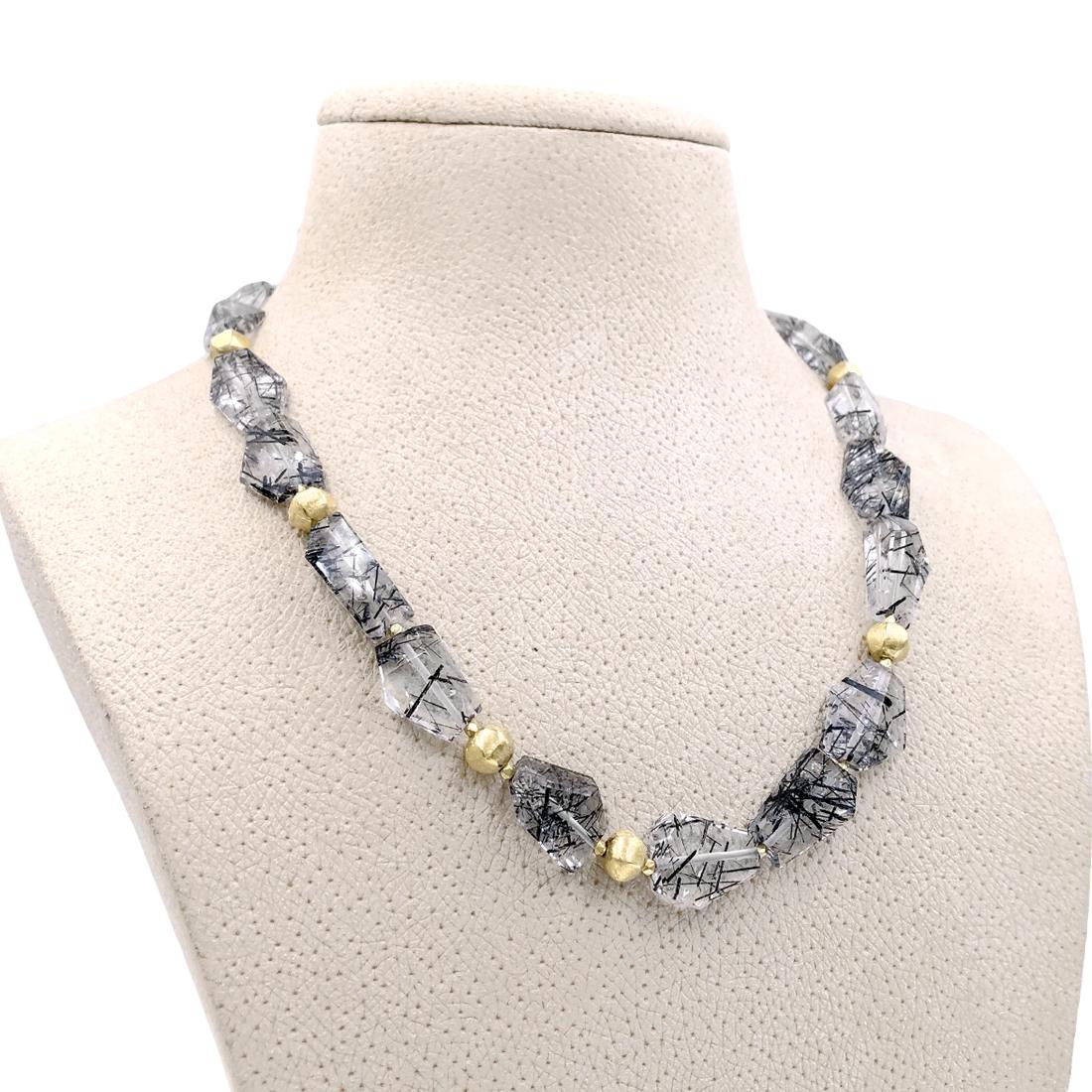 One of a Kind Necklace handcrafted by award-winning jewelry artist Barbara Heinrich in matte-finished 18k yellow gold featuring an assortment of beautifully-faceted and matched black needle tourmalinated quartz gemstone with eight signature pod