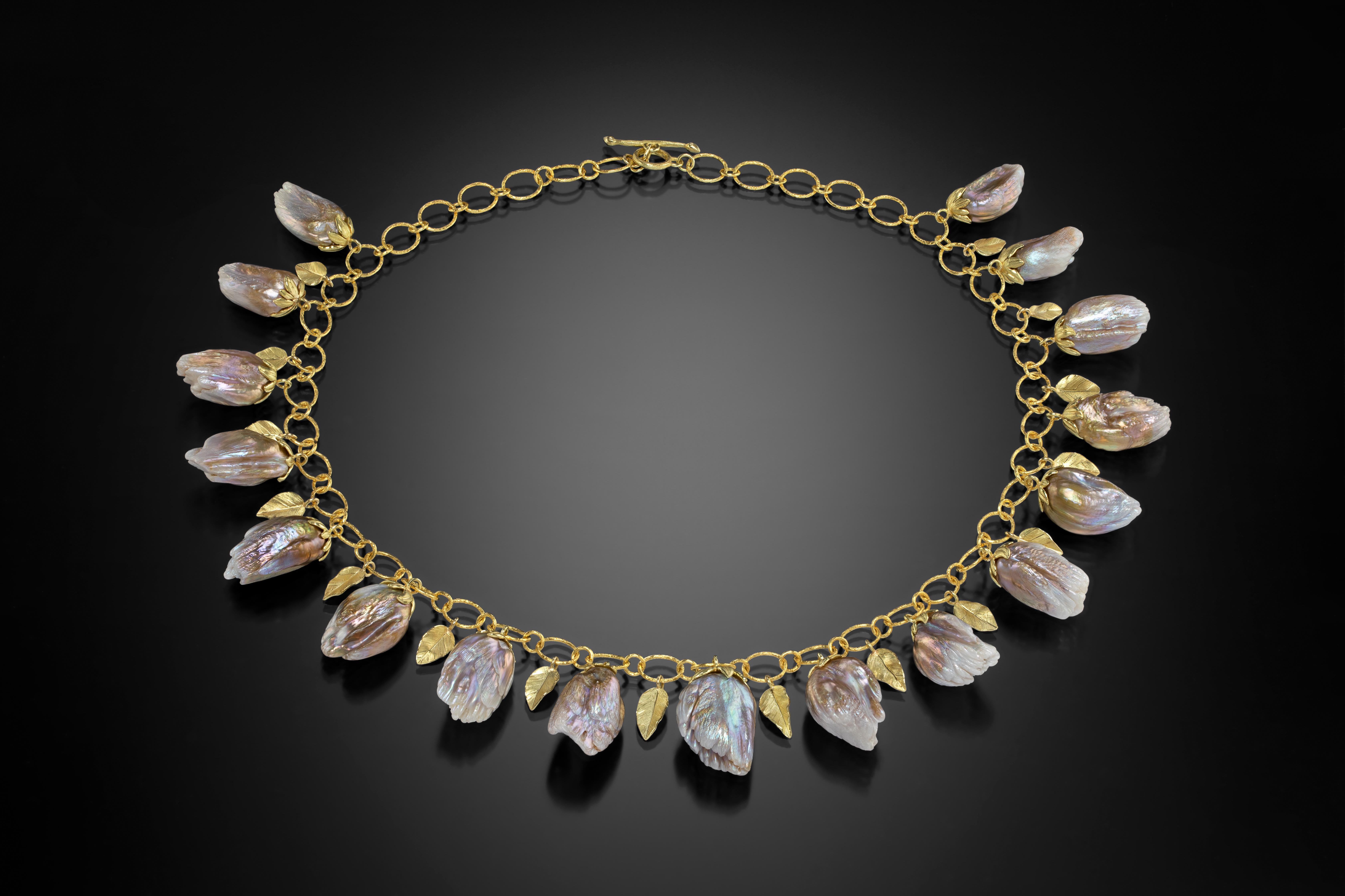 One-of-a-Kind Necklace handcrafted in exquisitely detailed 18k yellow gold with very rare, high-luster, strong-orient, metallic pink feather pearls. Each phenomenal pearl is capped in a handmade 18k gold petal top, and separated individually by