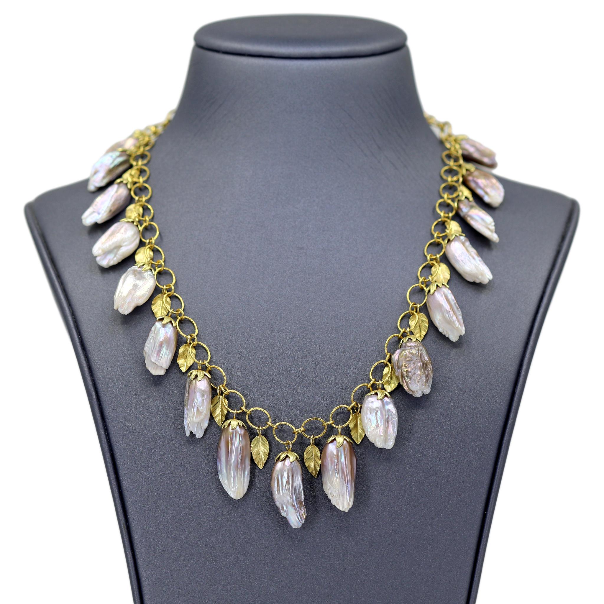 Artist Barbara Heinrich Extraordinary Metallic Chinese Feather Pearl Gold Necklace