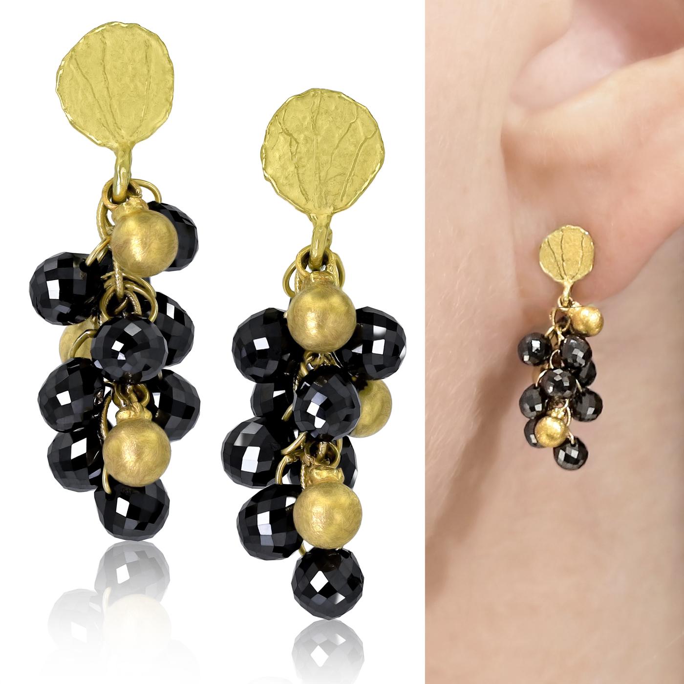 Petal Top Navette Drop Earrings hand-fabricated by award winning jewelry maker Barbara Heinrich featuring 5.30 carats of shimmering faceted black diamond briolettes accented with signature-finished solid 18k yellow gold smooth drops and finished