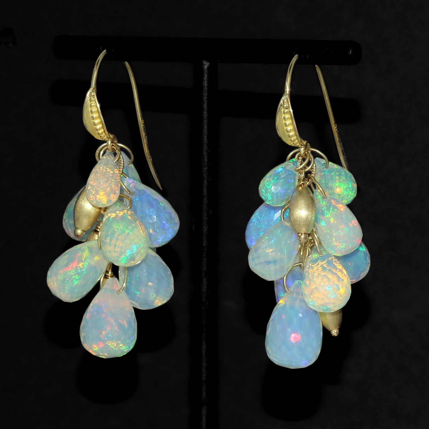 One of a Kind Cluster Drop Earrings hand-fabricated by acclaimed, award-winning jewelry maker Barbara Heinrich in signature-finished 18k yellow gold featuring 25.59 total carats of perfectly-matched, top quality faceted Ethiopian opal briolettes,