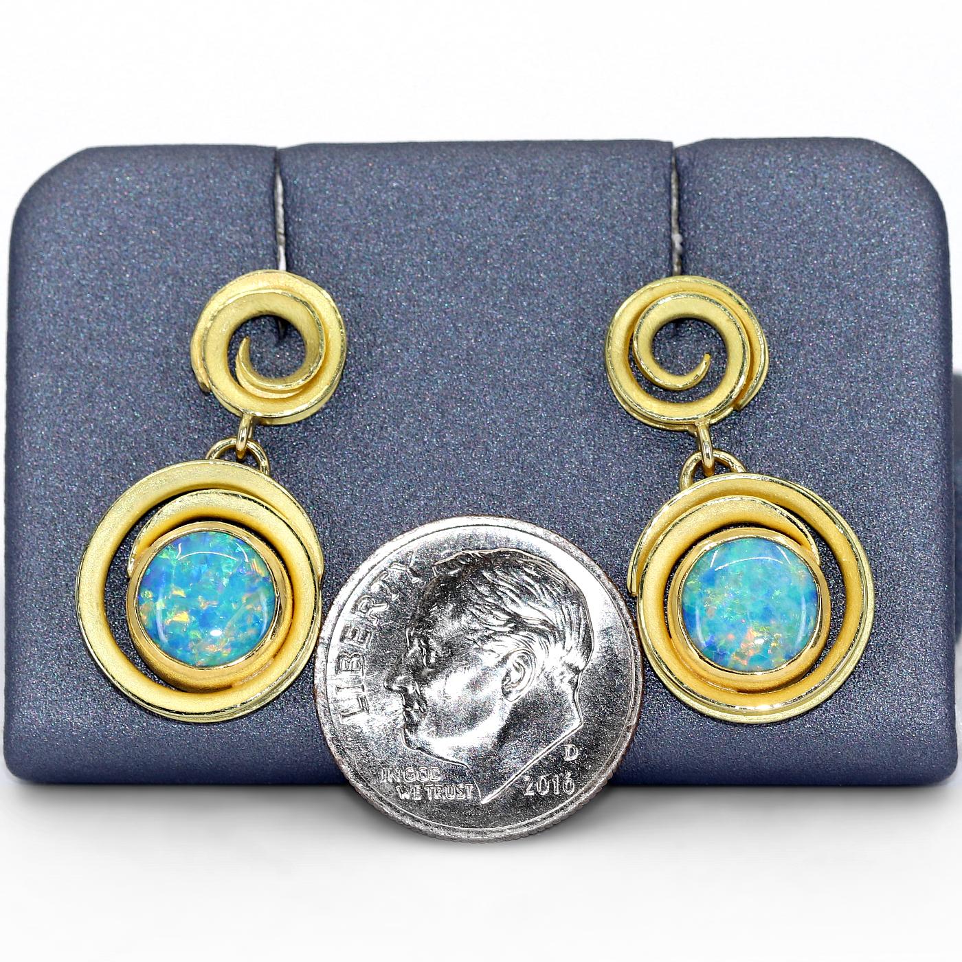 Artist Barbara Heinrich Fiery Round Opal Doublet Double Swirl Dangle Drop Earrings