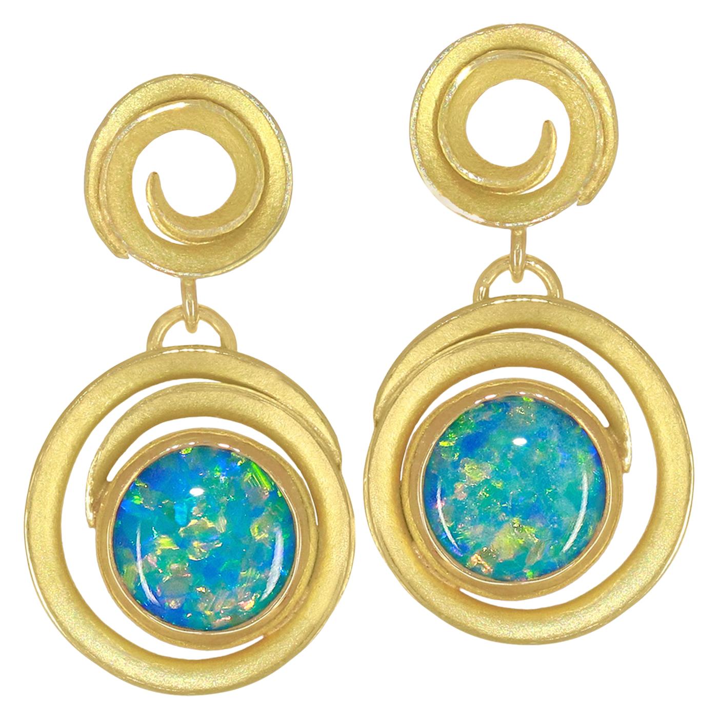 Barbara Heinrich Fiery Round Opal Doublet Double Swirl Dangle Drop Earrings