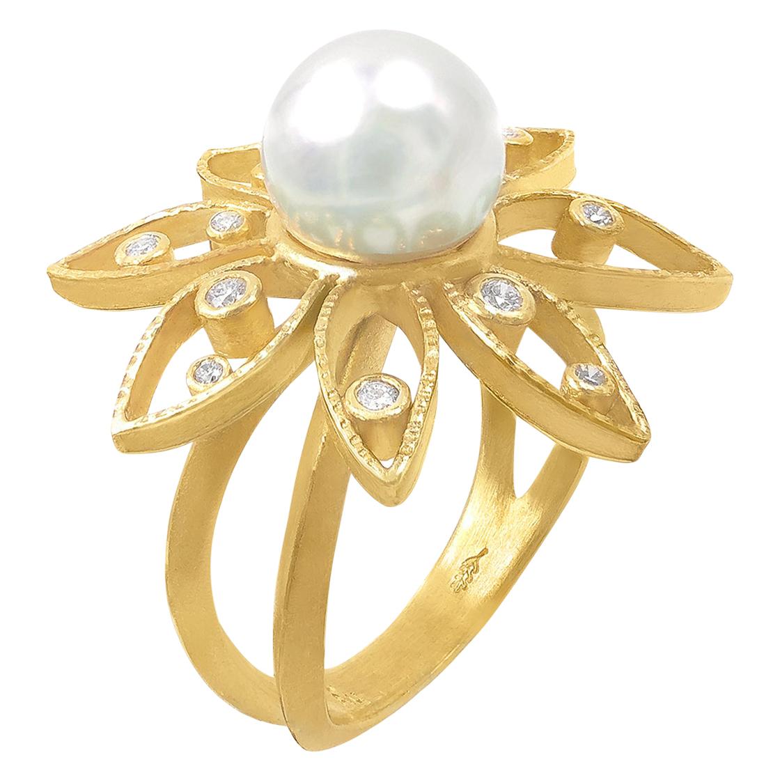 Barbara Heinrich Iridescent White Pearl White Diamond One of a Kind Daisy Ring