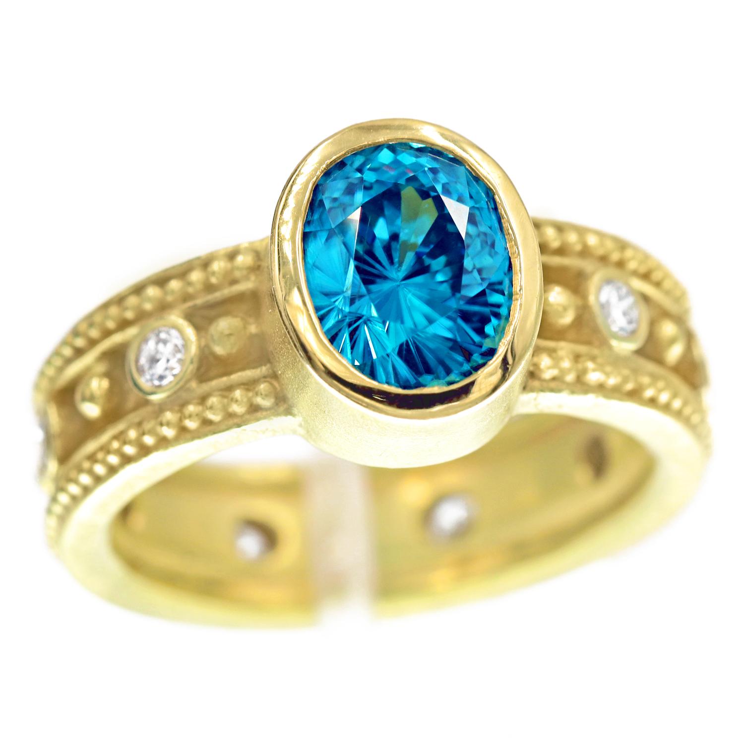Artist Barbara Heinrich Natural Oval Blue Zircon White Diamond Granulated Rim Ring