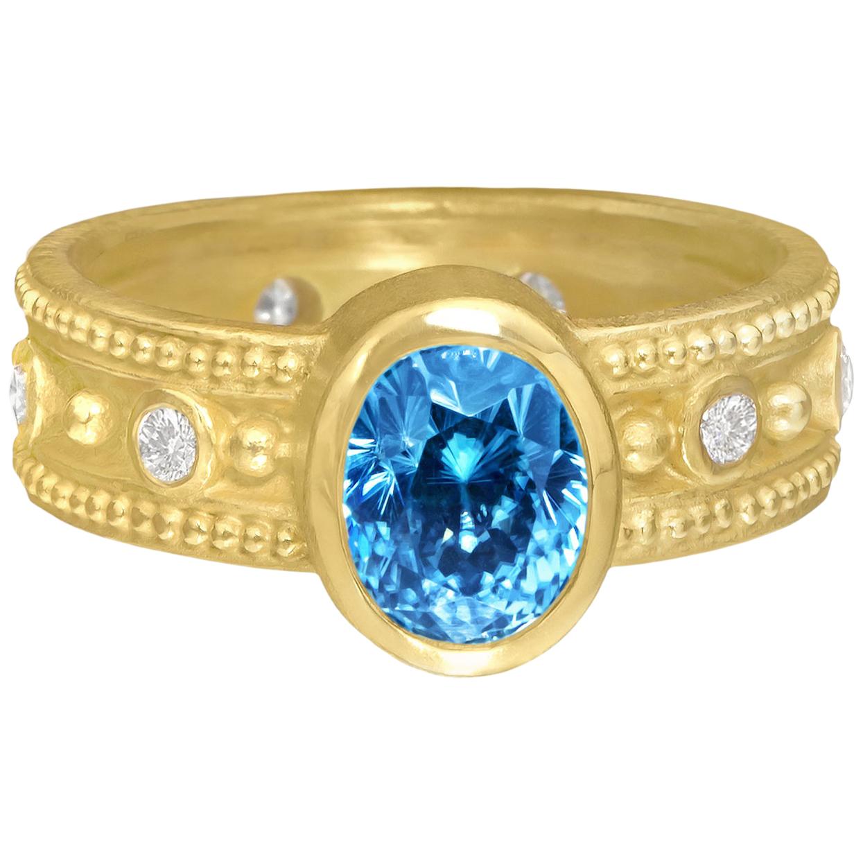 Barbara Heinrich Natural Oval Blue Zircon White Diamond Granulated Rim Ring