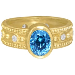 Barbara Heinrich Natural Oval Blue Zircon White Diamond Granulated Rim Ring