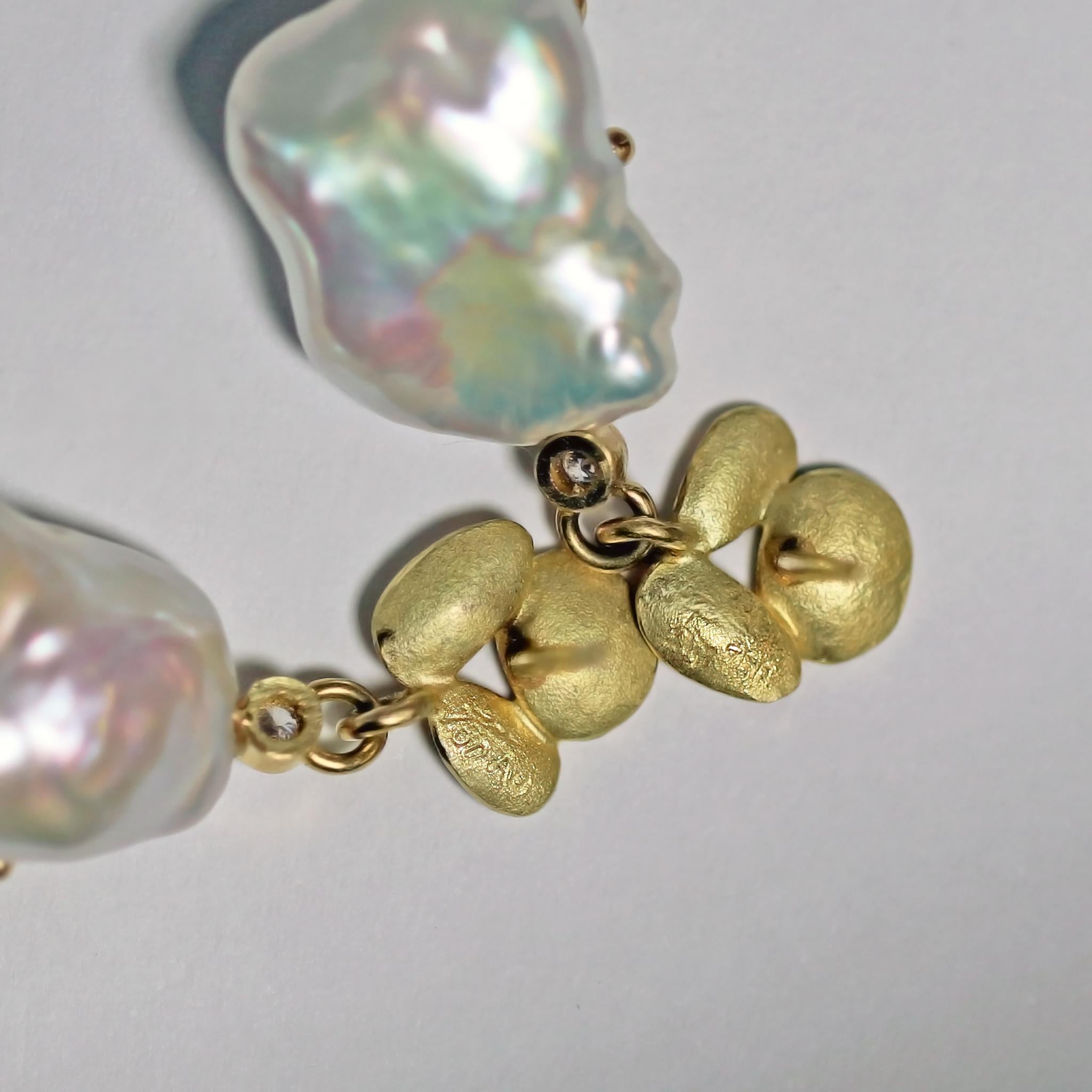 Artist Barbara Heinrich One of a Kind Iridescent White Pearl Diamond Gold Earrings