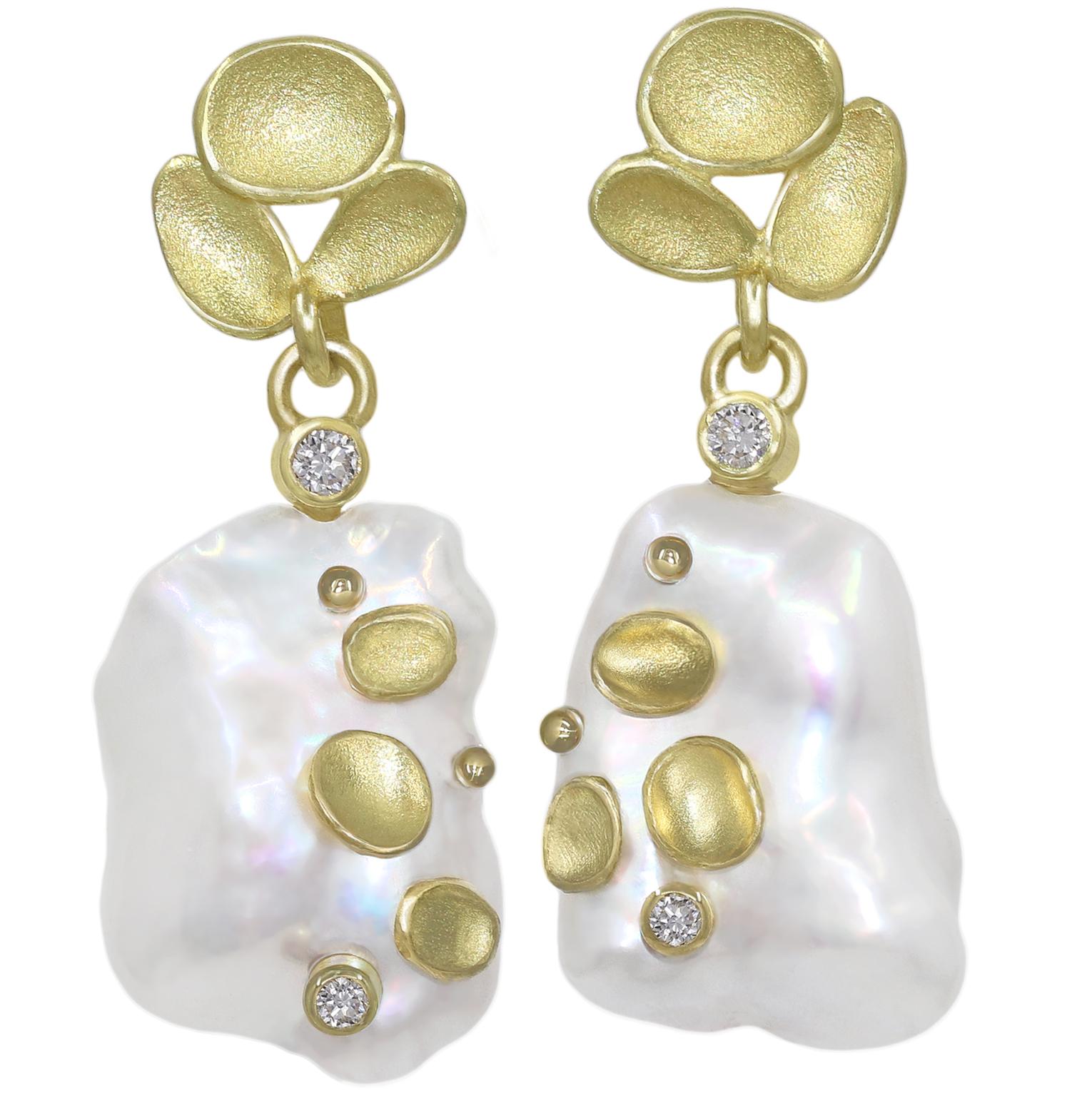 Barbara Heinrich One of a Kind Iridescent White Pearl Diamond Gold Earrings