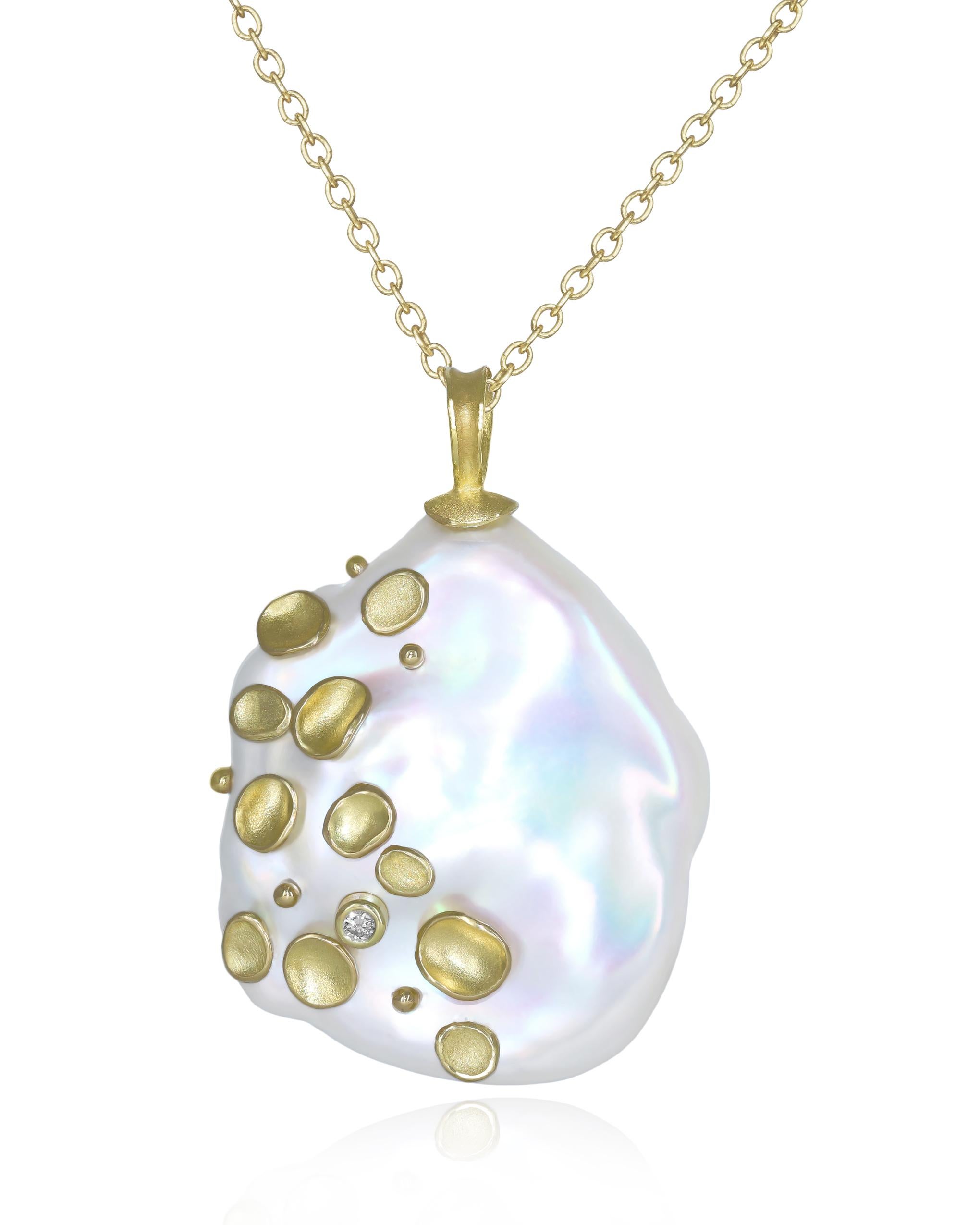 One of a Kind Necklace hand-fabricated by award-winning jewelry maker Barbara Heinrich featuring a truly spectacular 27mm x 24mm white freshwater pearl with exceptional iridescence and orient. The fabulous pearl is accented on front and back with