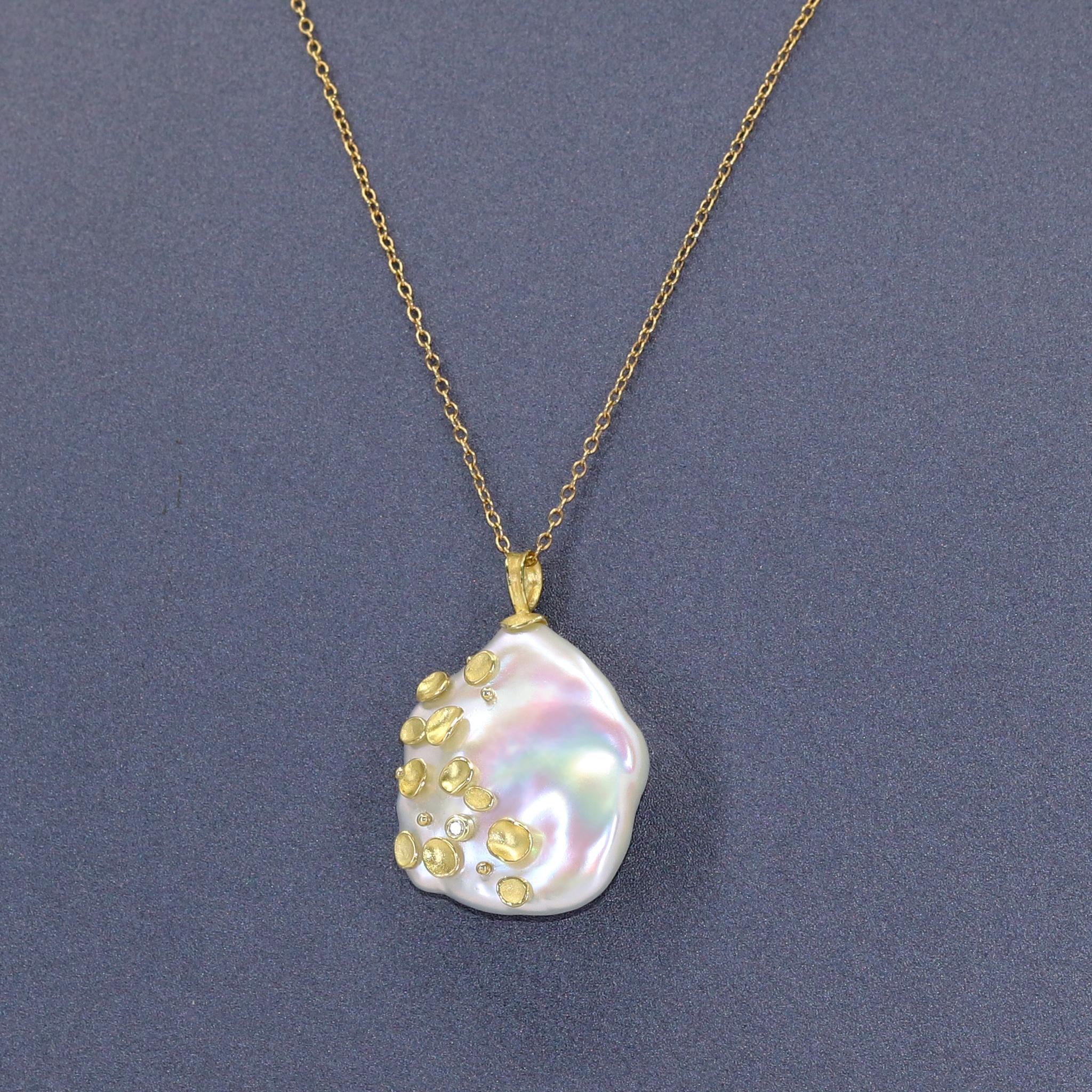 Artisan Barbara Heinrich One of a Kind Large Iridescent Pearl Diamond Gold Necklace