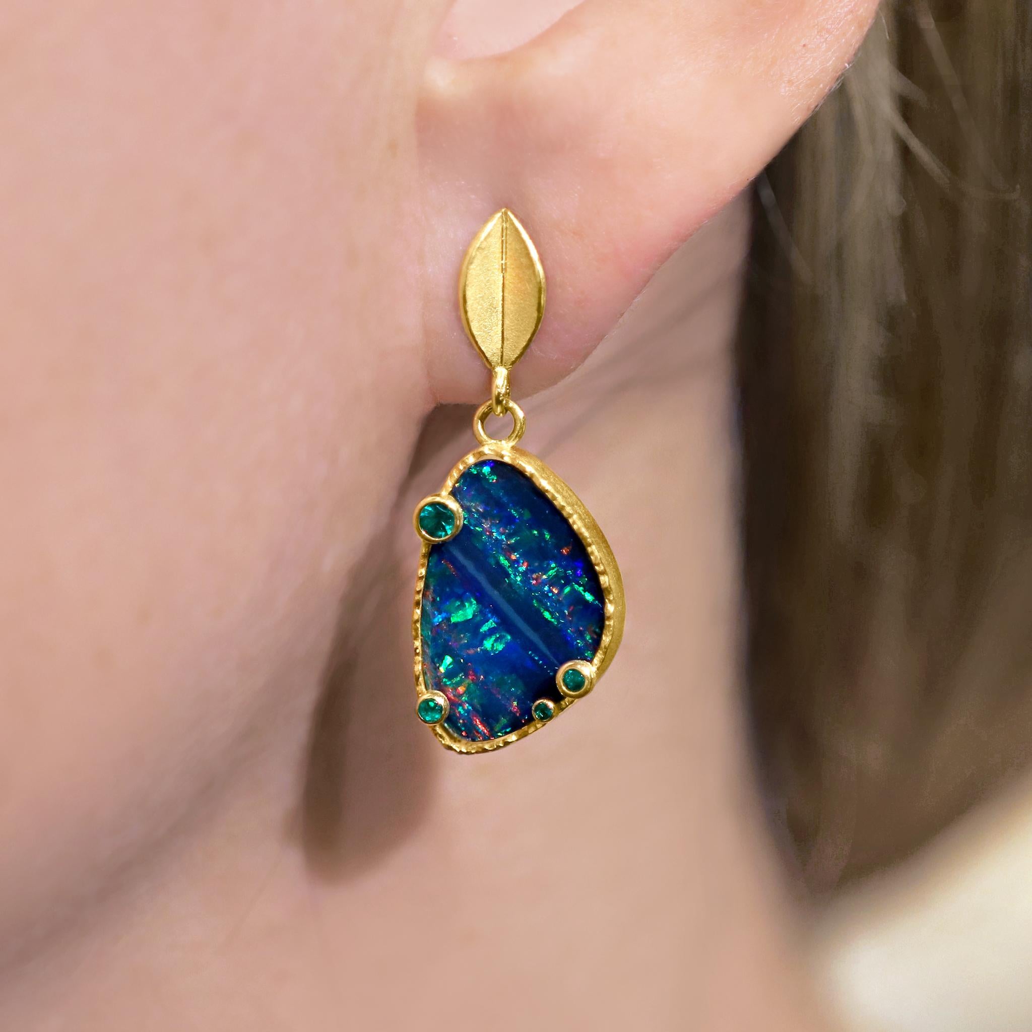 One of a Kind Leaf Top Drop Earrings hand-fabricated in signature-finished 18k yellow gold by award-winning jewelry maker Barbara Heinrich, featuring an extraordinary matched pair of very fine quality deep Australian opal doublets with phenomenal