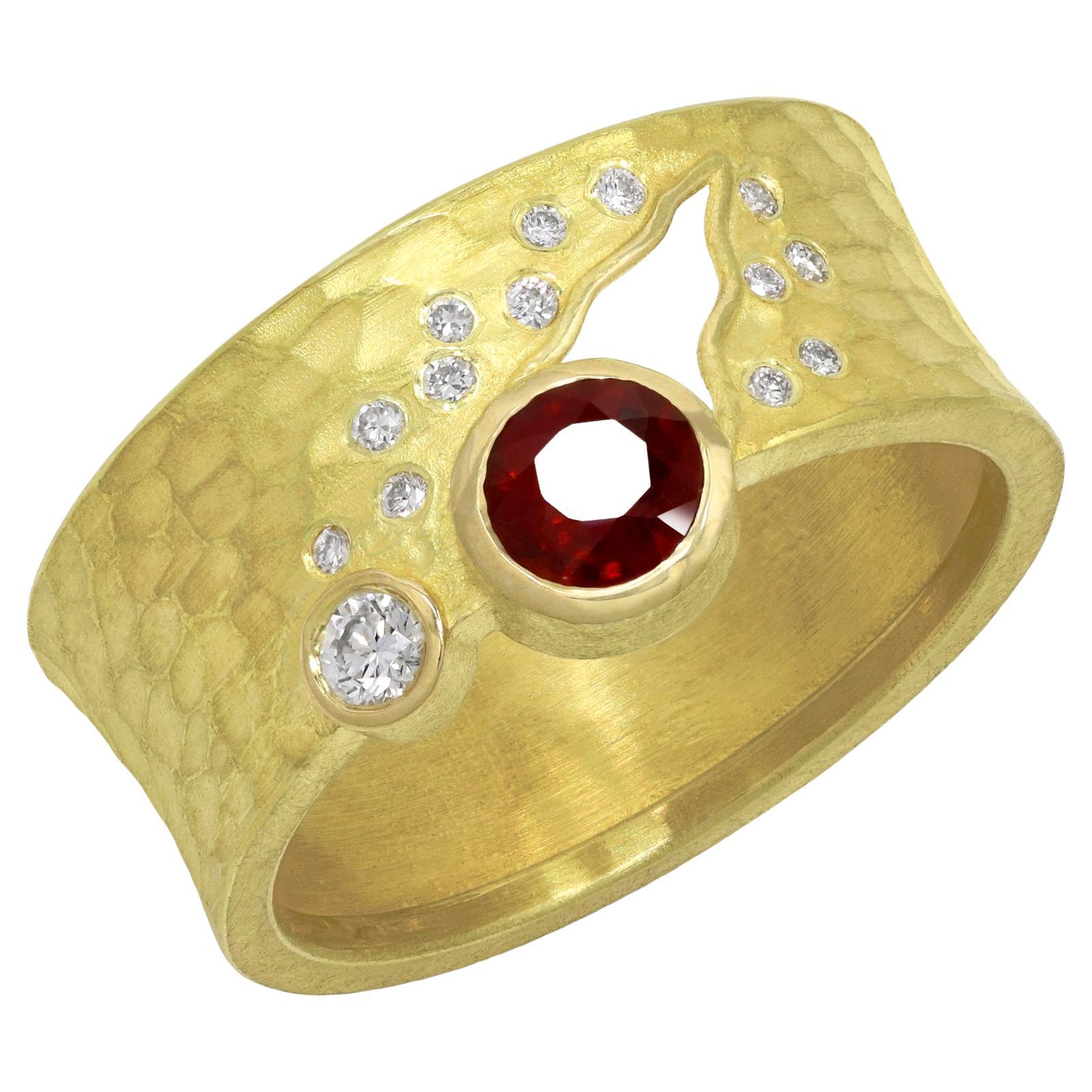 Red Ruby White Diamond Glacier Band One of a Kind Gold Ring, Barbara Heinrich