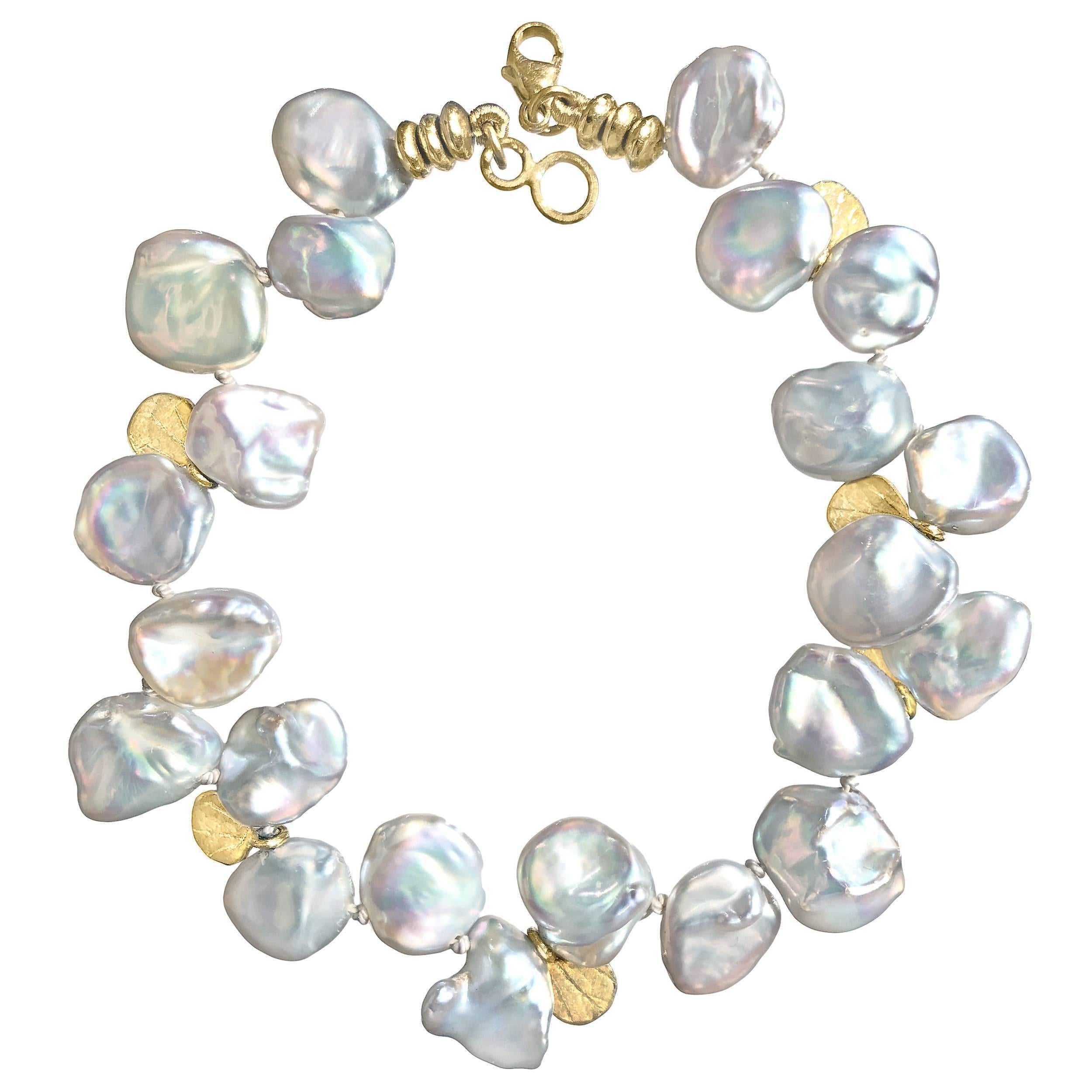 Barbara Heinrich Silver Blue Keshi Pearl Gold Petals One of a Kind Bracelet