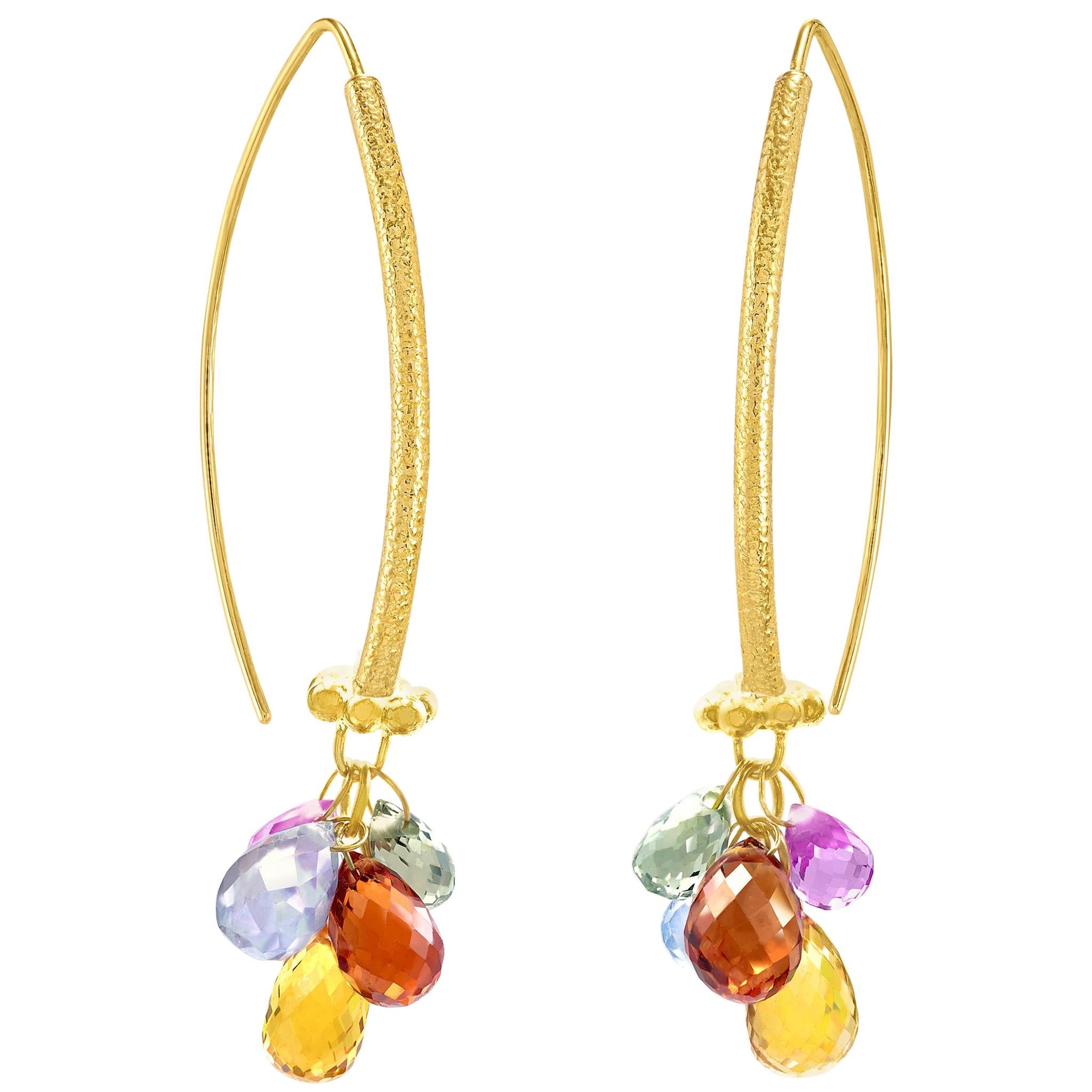 Barbara Heinrich Vibrant Multi-Color Sapphire Matte Gold Dangle Drop Earrings