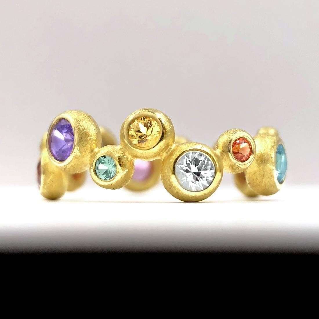 Artist Barbara Heinrich Vibrant Multi-Color Sapphire Matte Gold Random Bubble Band Ring