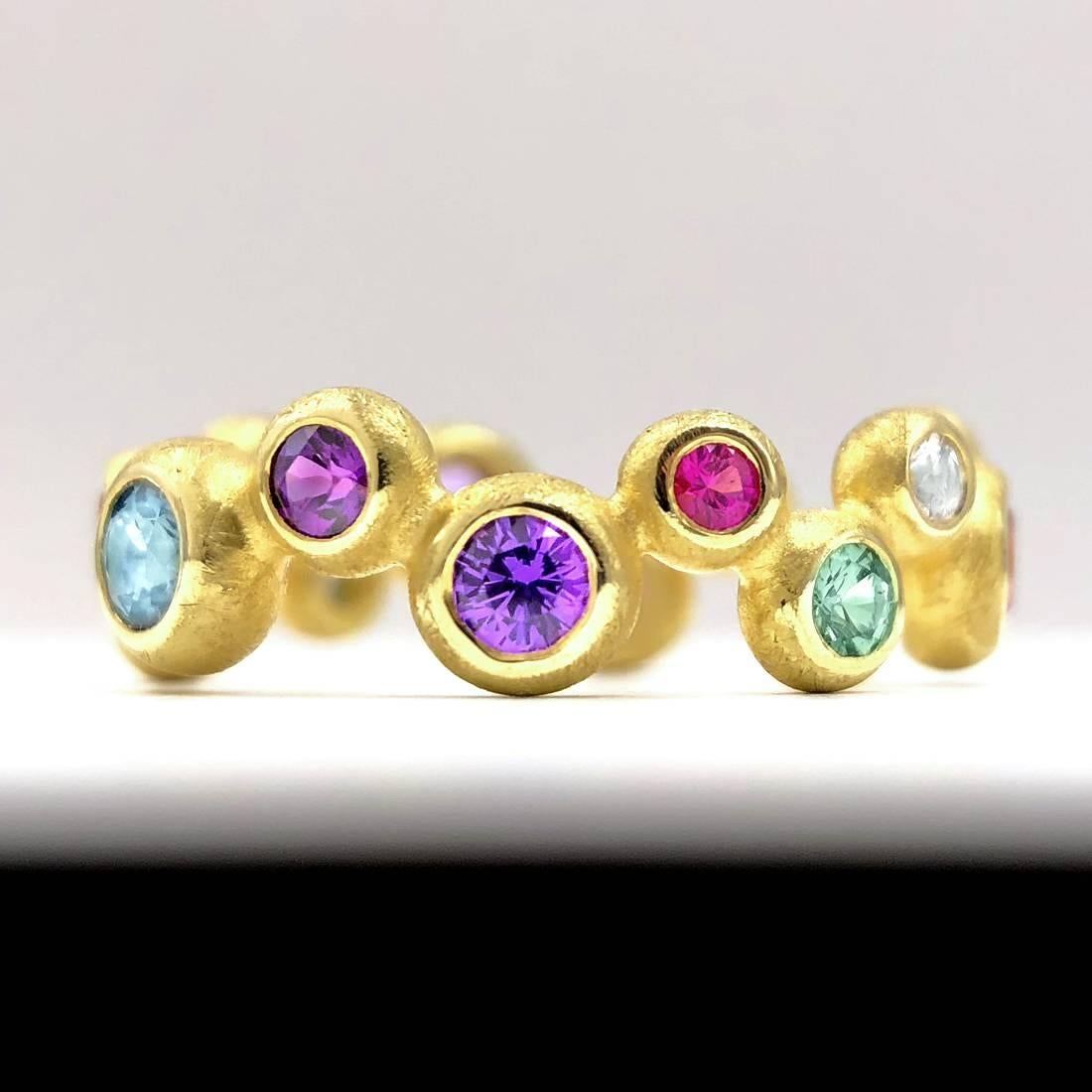 Barbara Heinrich Vibrant Multi-Color Sapphire Matte Gold Random Bubble Band Ring 1
