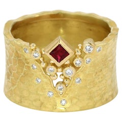 Barbara Heinrich Square Cut Ruby and Diamond Wide Textured Ring 