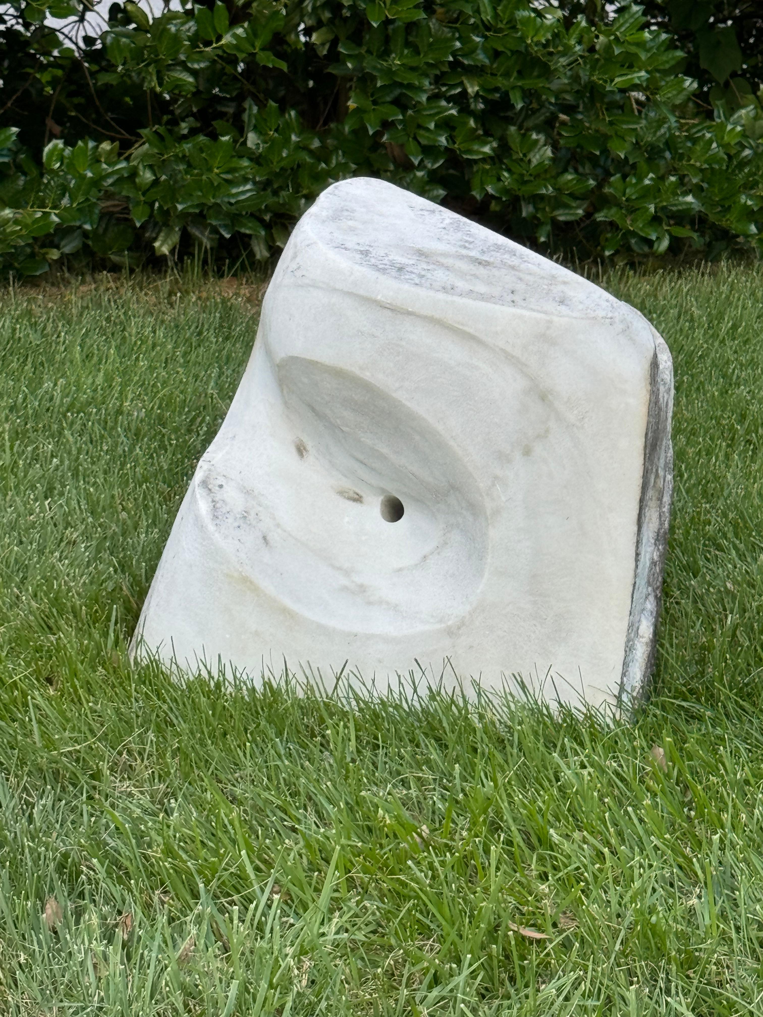 In the style of Barbara Hepworth large organic biomorphic form hand-carved white marble garden - landscape sculpture with beautiful natural moss patina This sculpture also resembles the style of Isamu Noguch & Masatoshi Izumi zen rock sculpture