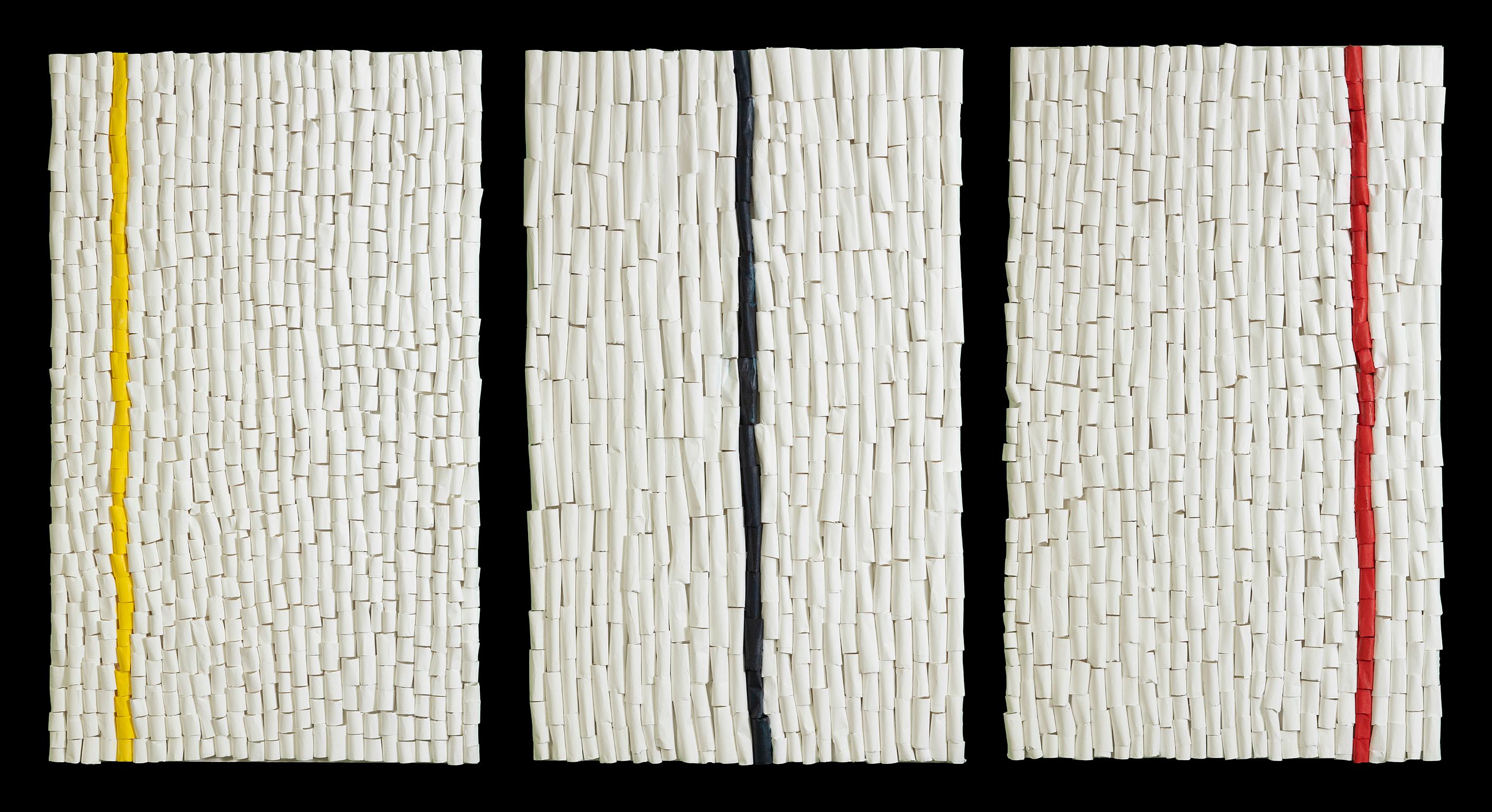 'In Parallel' (triptych), 2019 by American artist Barbara Hirsch. Rice paper with acrylic on wood panel, 28 x 51 in. / 28 x 17 in. (each). An abstract mixed media, sculptural work in white on wood panel with bands in colors of yellow, red, and
