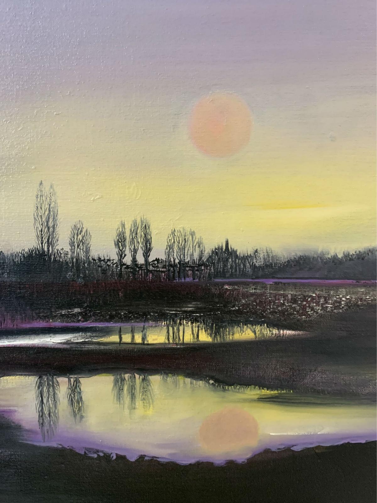 Un lac - Peinture à l'huile - Figuratif, paysage, coloré, violet et jaune - Autres styles artistiques Painting par Barbara Hubert