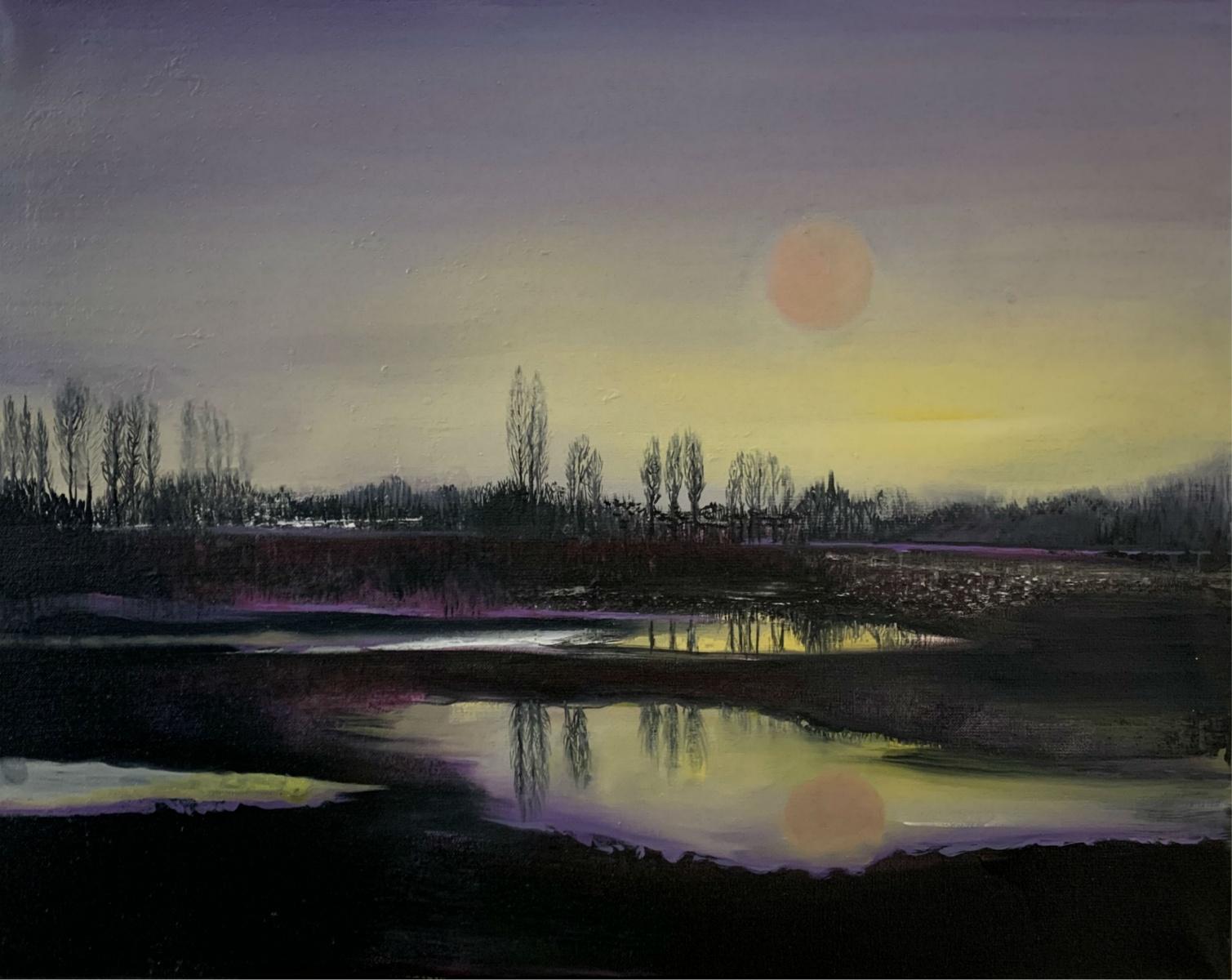 Landscape Painting Barbara Hubert - Un lac - Peinture à l'huile - Figuratif, paysage, coloré, violet et jaune