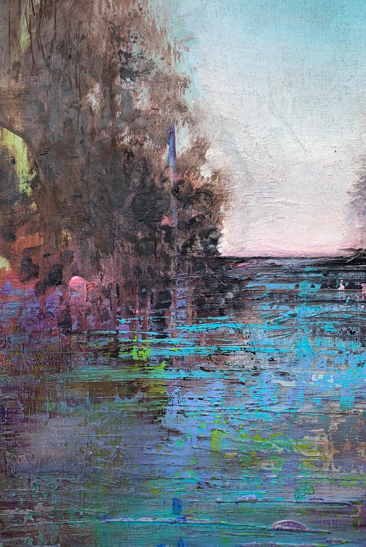 Peinture contemporaine de paysage à l'acrylique sur panneau de l'artiste polonaise Barbara Hubert. Bien que la peinture soit figurative, elle est peinte de manière abstraite. La composition est très colorée, avec des bleus, des violets, des verts,
